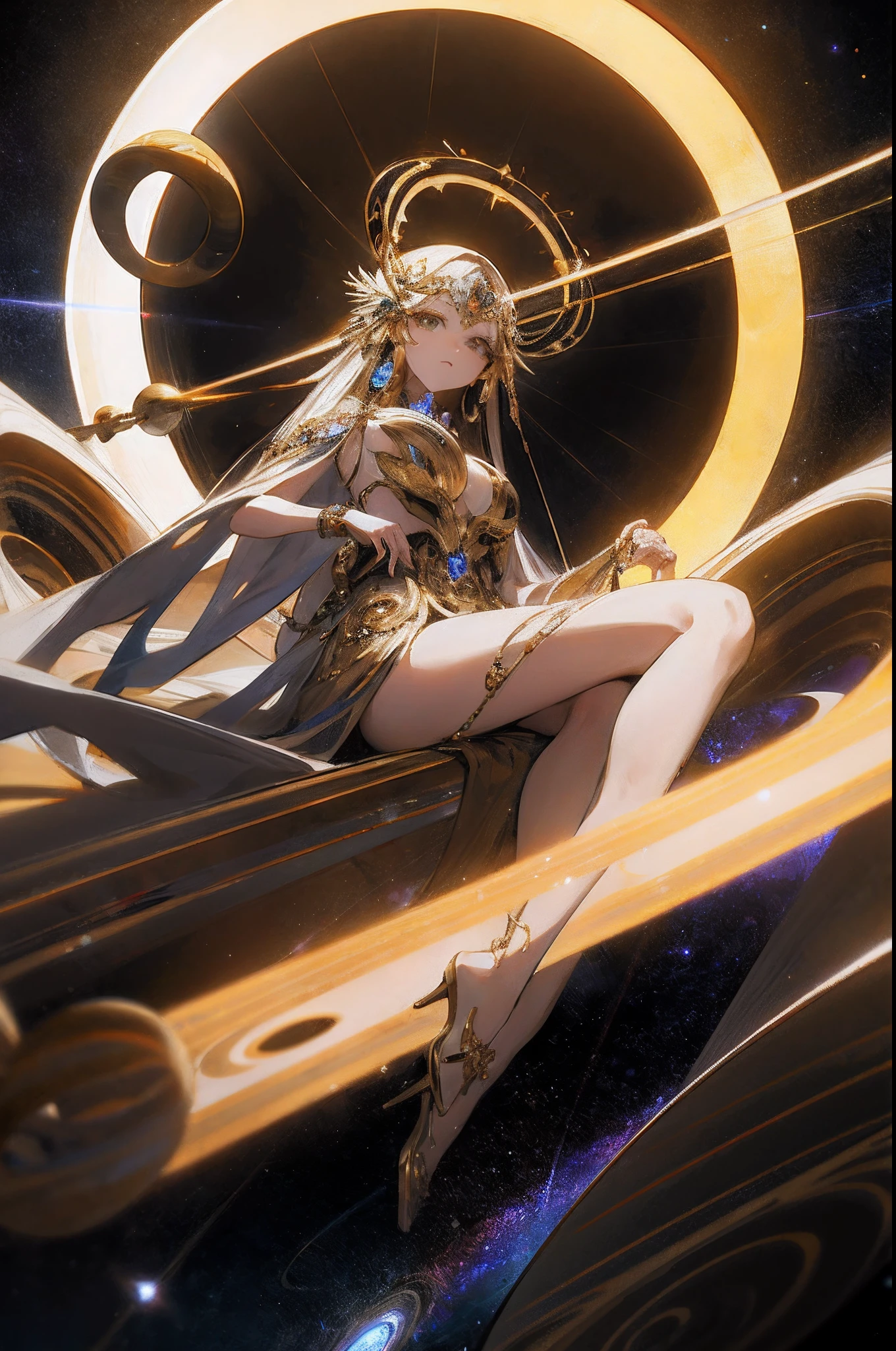 anime girl sitting on a large object in the middle of a space, anime goddess, celestial goddess, goddess of space and time, extremely detailed goddess shot, goddess of galaxies, beautiful celestial mage, knights of zodiac girl, goddess of time, cushart krenz key art feminine, cyborg goddess in cosmos, trending on artstation pixiv, portrait knights of zodiac girl