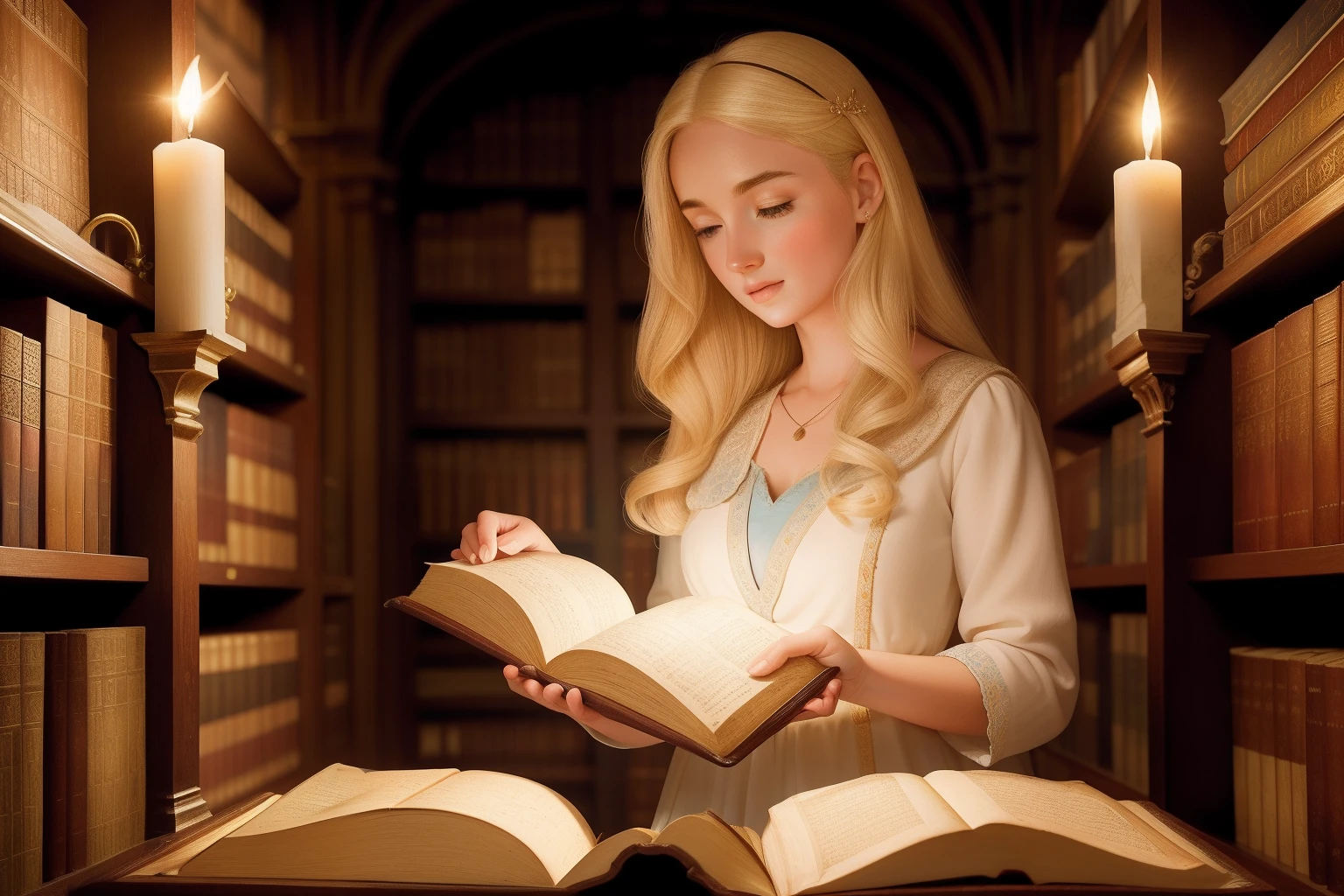 Setting: An ancient library within the Bodleian, Oxford.
Description: Diana, a brilliant blonde scholar with a secret, stands before an illuminated manuscript. Her finger delicately touches the vellum pages as she unlocks a hidden enchantment. Ancient tomes and leather-bound books surround her, bathed in the soft glow of candlelight.
