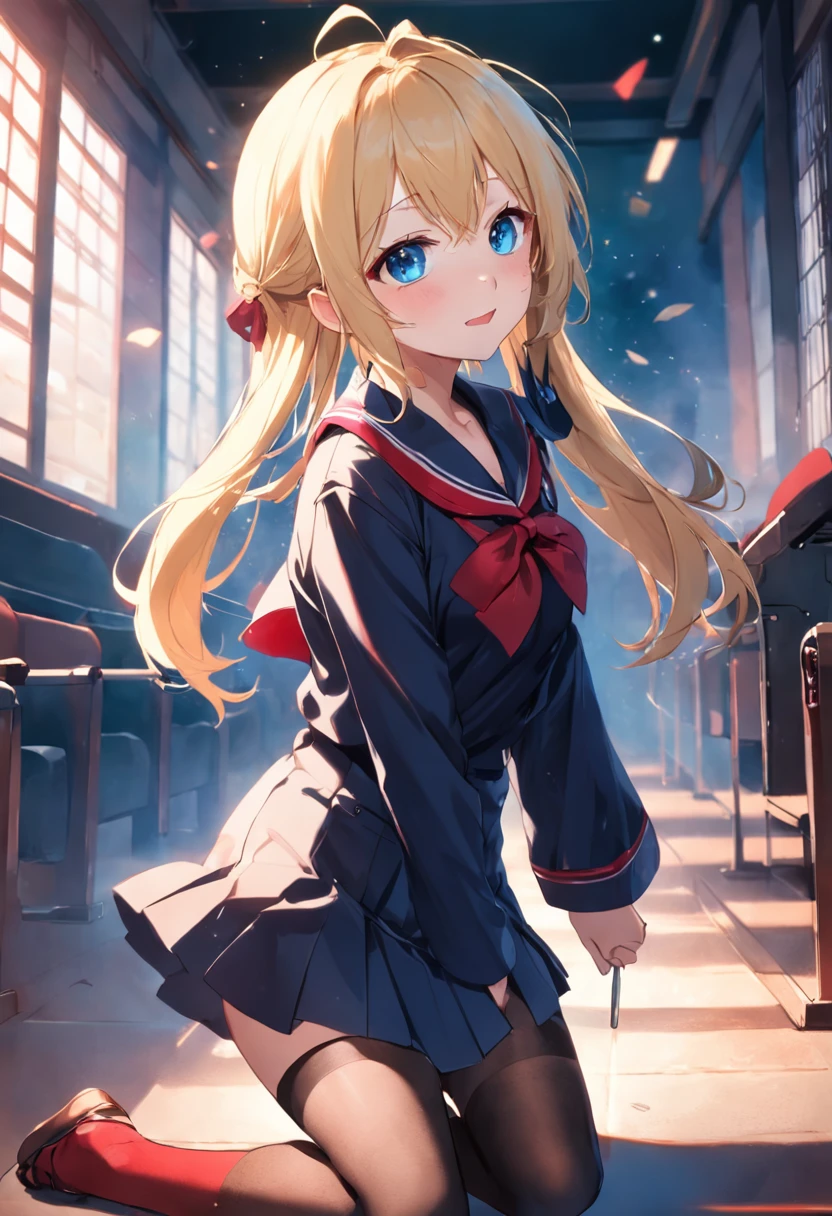 blonde with blue eyes,Lazy expression,JK red and black school uniform,black lence stockings,detail in face,ssmile