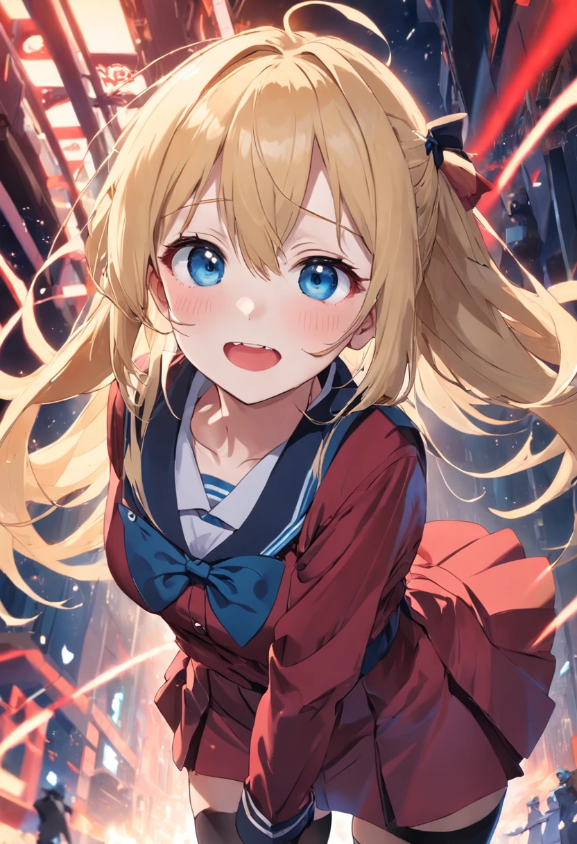 blonde with blue eyes，Lazy expression，JK red and black school uniform，black lence stockings，detail in face，ssmile