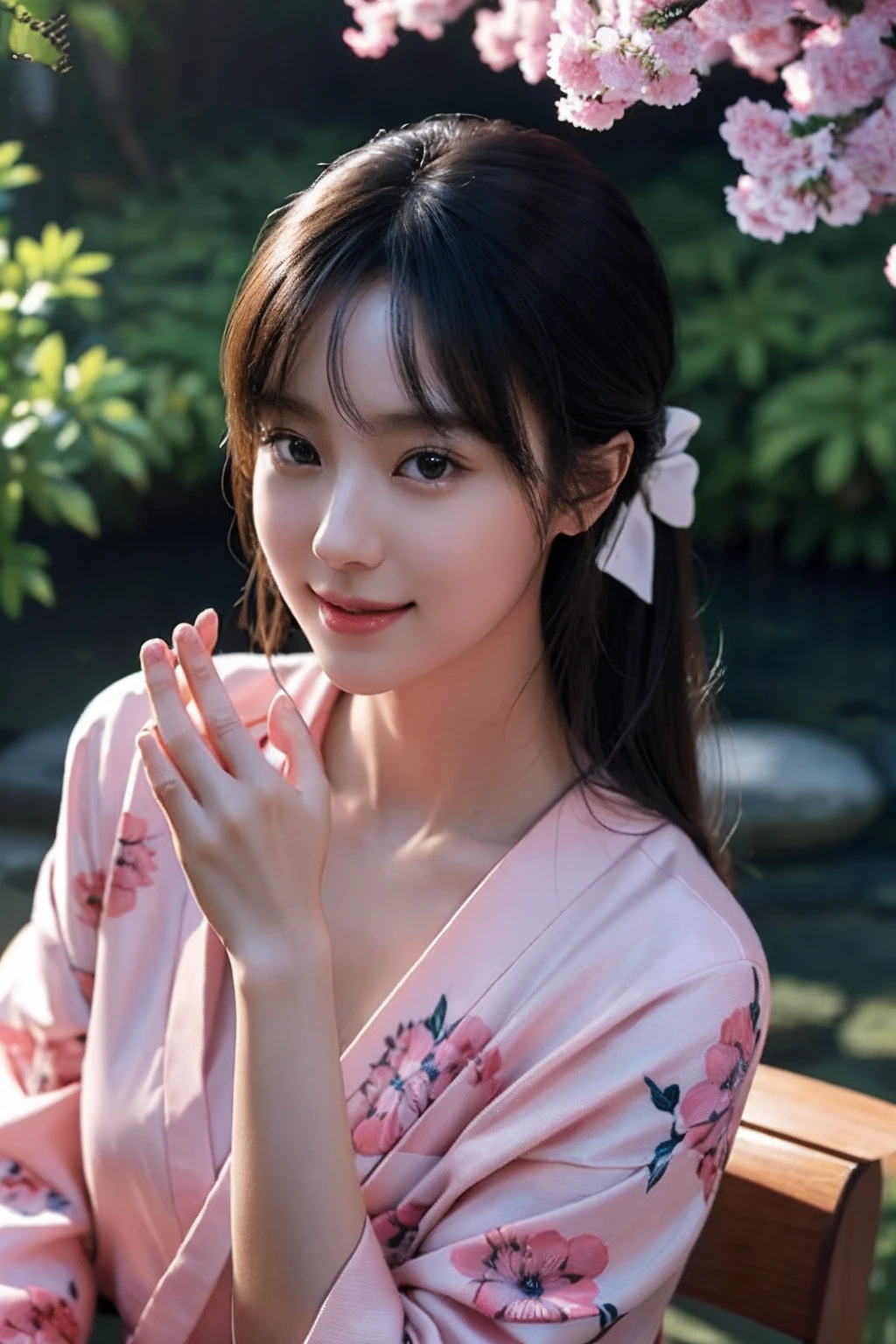 (Photorealsitic:1.4), (Top image quality:1.0), (超A high resolution:1.0), 8K, Raw photography, (masterpiece:0.2), (pureerosface_v1:0.5)、(Best Quality Detail:1.2)、realisitic、8K UHD、hight resolution、(1girl in:1.2)、The ultra-detailliert、High quality textures、intricate detailes、detaileds、Very detailed CG、High quality shadows、Detail Beautiful delicate face、Detail Beautiful delicate eyes、depth of fields、Ray traching,1girl in, japanaese girl, Cute, slender, Black kimono, Kimono with Japanese pattern,Floral scrunchie, Beautiful skin, Facing the front,Sit down, Sit upright and say thank you,Align your hands elegantly,Smile faintly The Land of Japan,Japanese garden,Luxury Japanese-style room, skyporn, Magic Hour, (Realistic:1.3), Finely detailed, quality, (masutepiece:1.2), (Photorealistic:1.2), (Best Quality), (Intricate details), Dramatic, Ray tracing, photograph, +Lola