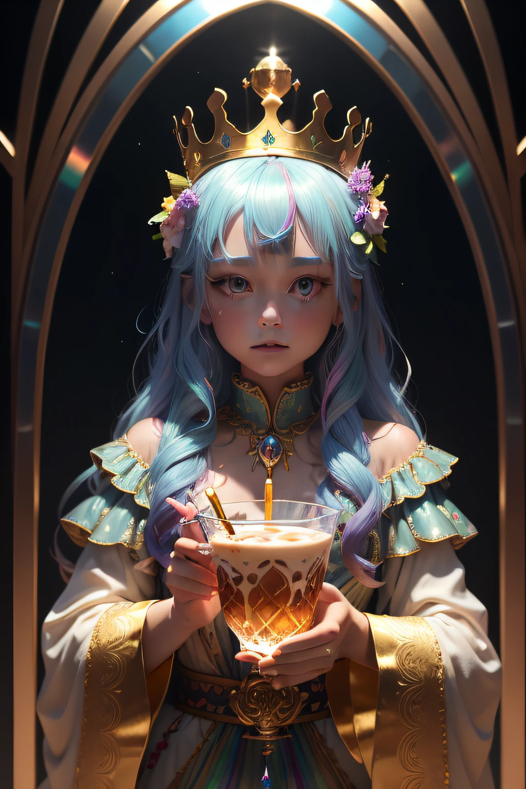 Someone was holding two cups,There is a crown on it, iridescent glass, Inject the Northern Lights, colorful glass art, depiction, colored milk tea, Rainbow color Venetian blown glass, queen in a glass prison, 2 0 2 0 fashion, surreal glass goblets, how pretty, Irridescent color、Gold and crystal, shiny colorful