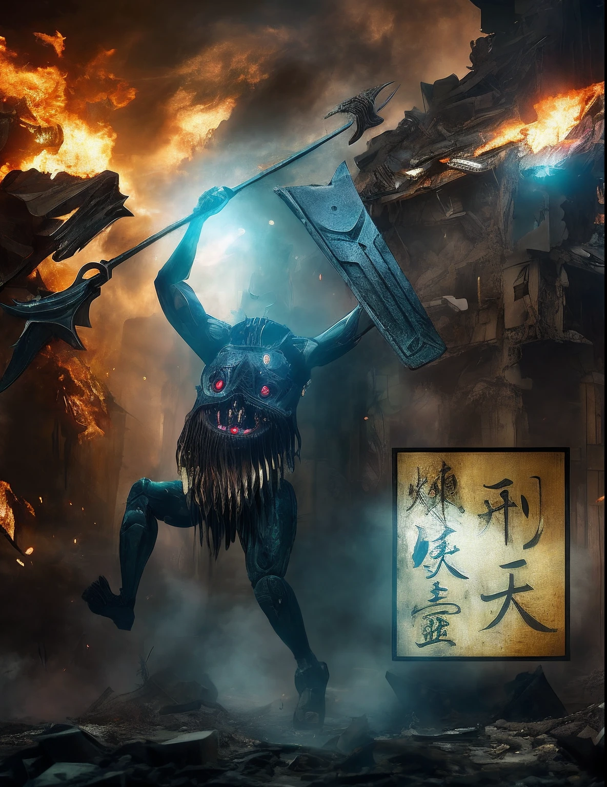 a fantasy creature from an ancient chinese forklore, a headless warrior, wielding an axe and a shield, creepy face on the torso, mecha cyberpunk style, post-apocalypse rubble ruined city, majestic, chaotic, intricate details, (battleground), fire, cluttered composition