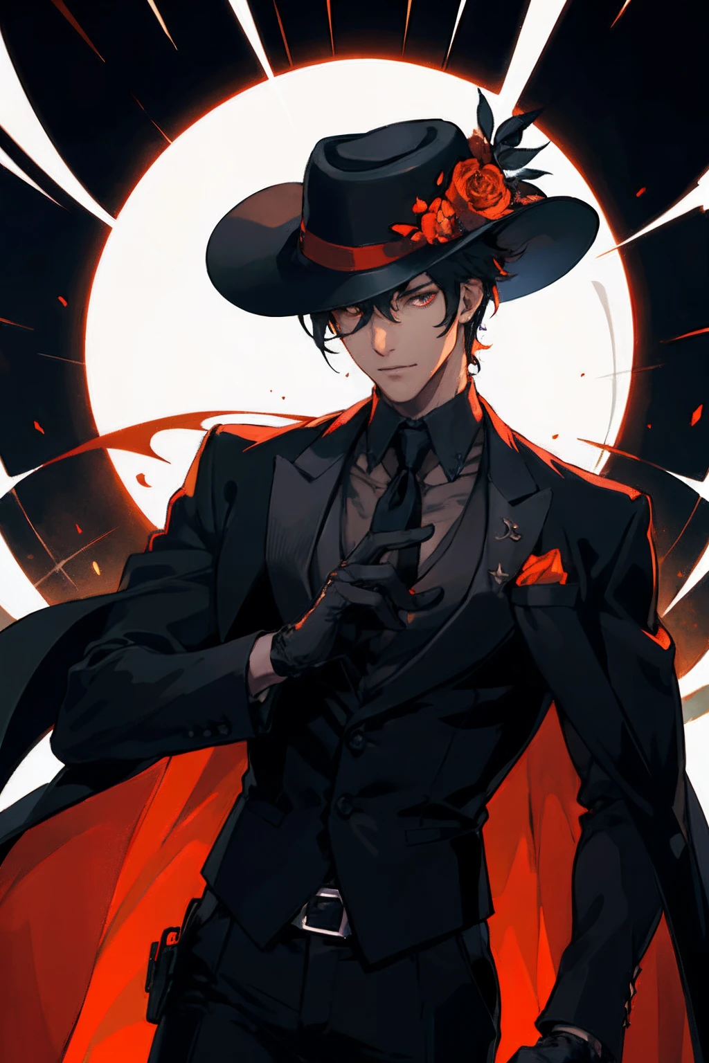 masterpiece, best quality, 1 male, adult, tall muscular, handsome, finely detailed eyes, intricate details, Laito (diabolic lovers), (style-swirlmagic:1.0), solo, upper body, detailed background, detailed face, (mafia theme:1.1),  intricate outfit, fedora hat, black and white vertically striped suit, black artist gloves, confident expression, orange color scheme, dark crimson light, glowing magic,  dark atmosphere, realistic lighting, floating particles, sparks, bloom,