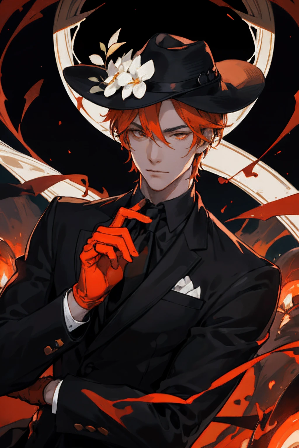 masterpiece, best quality, 1 male, adult, tall muscular, handsome, finely detailed eyes, intricate details, Laito (diabolic lovers), (style-swirlmagic:1.0), solo, upper body, detailed background, detailed face, (mafia theme:1.1), intricate outfit, fedora hat, black and white vertically striped suit, black artist gloves, confident expression, orange color scheme, dark crimson light, glowing magic, dark atmosphere, realistic lighting, floating particles, sparks, bloom,