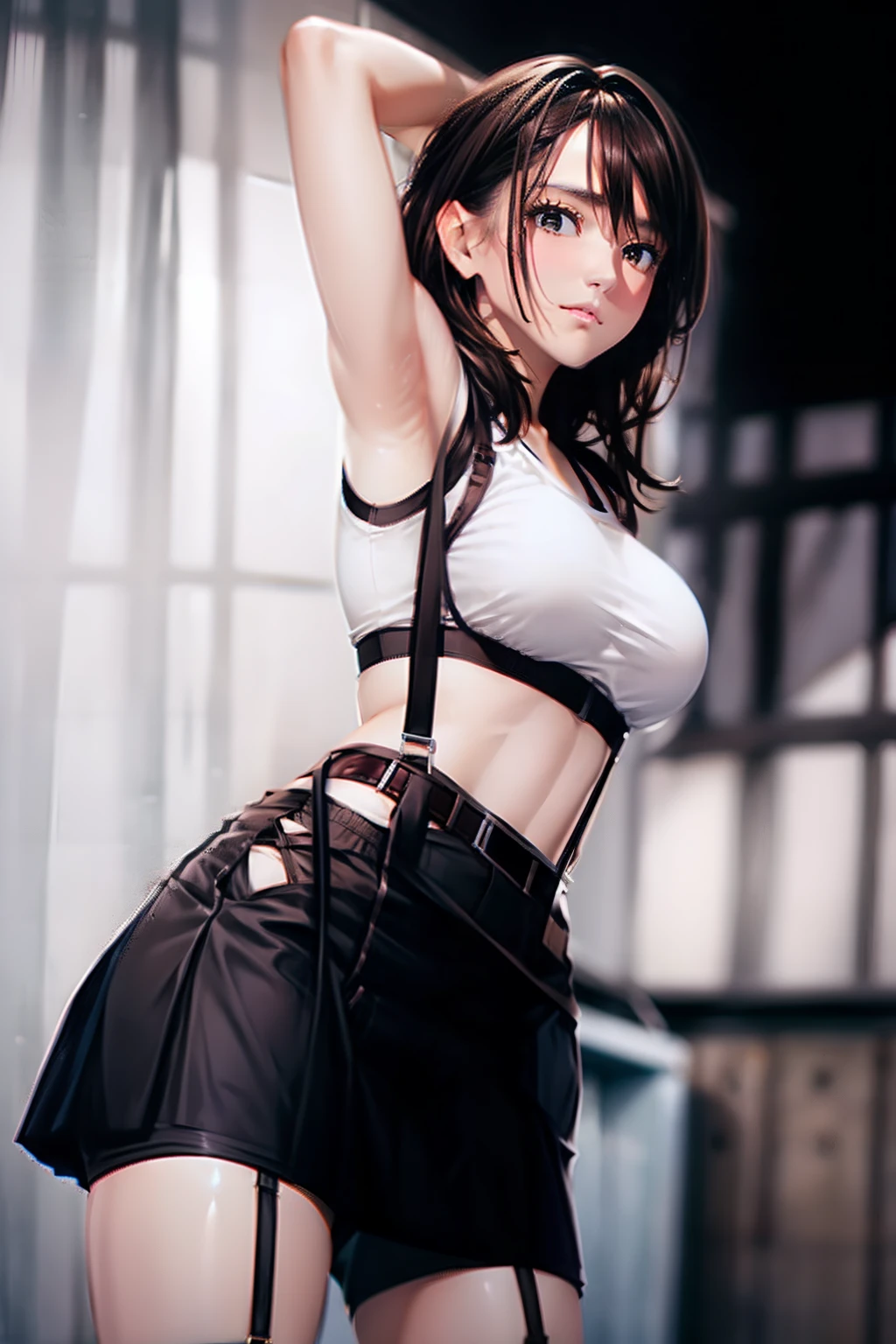 Black skirt, Tank tops suspenders, Brown hair Gray eyes, Garter belt on the legs, Tight clothes, a belt Armpit sweat deadpan large full breasts short-cut