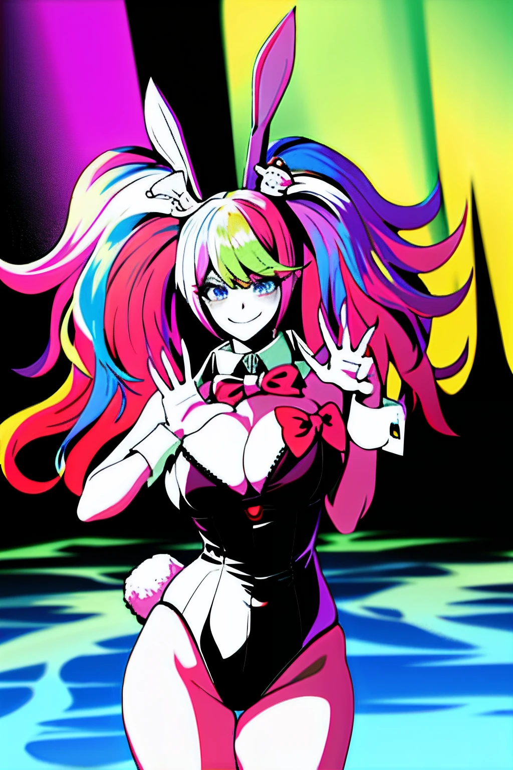 masterpiece, best quality, highres, hy1, hair ornament, multicolored hair, casino, playboy bunny, rabbit ears, smile, waving Large breasts huge breasts
