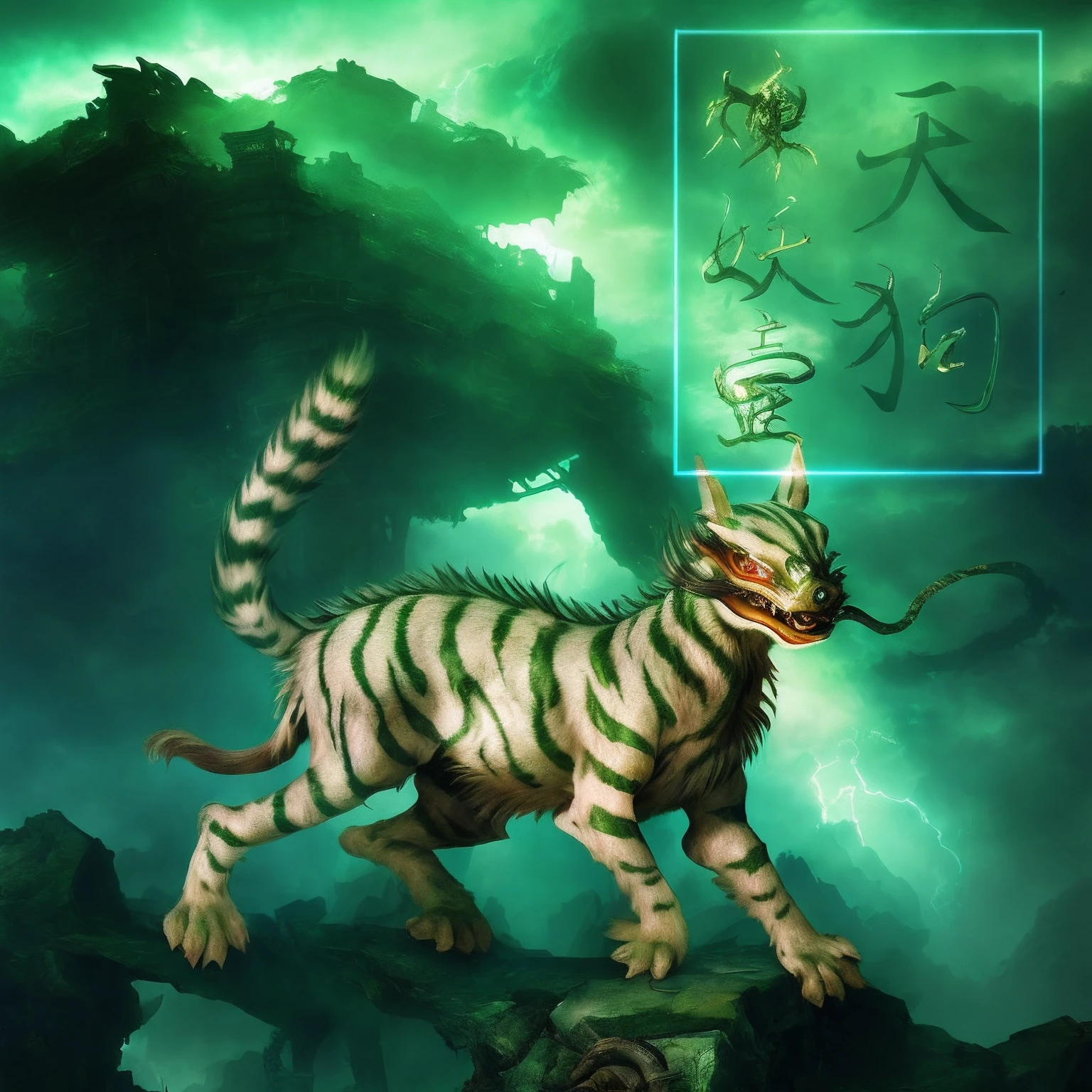 a fantasy creature from an ancient chinese forklore, a striped dog, biting a snake, mecha cyberpunk style, post-apocalypse rubble ruined city, majestic, chaotic, intricate details, (standing on the cloud), green lightning, cluttered composition