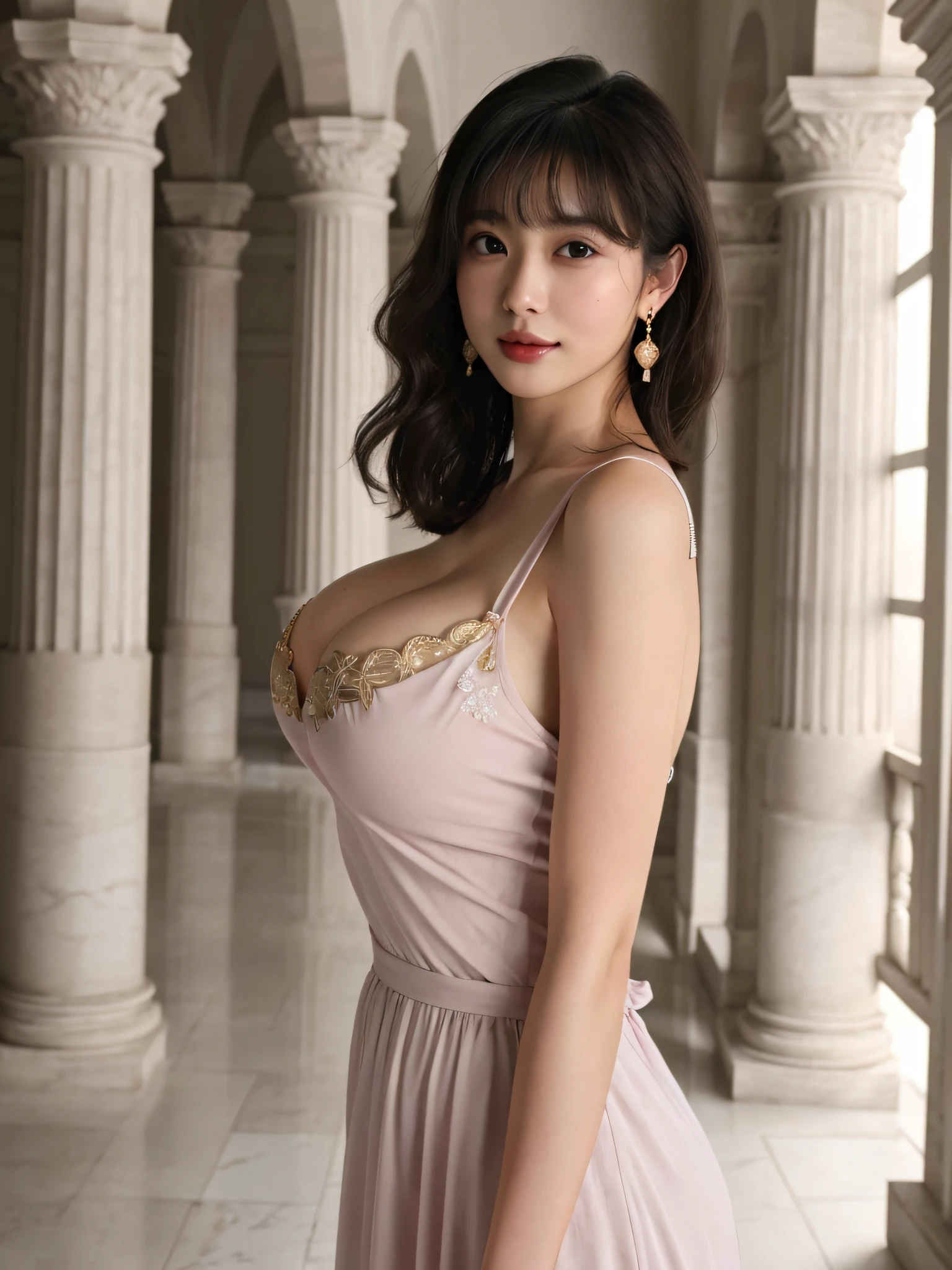 masutepiece, Best Quality, hight resolution, 1girl in, 
(Japanese beautiful girl:1.2), 
Professional Lighting, Physically-based rendering, Very cute, 
messy long hair, 
Wavy Bob, 
over-the-shoulder,
swept bangs,
Big eyes, Black eyes,
extremely detailed eye and face,
(Eyes with beautiful details:1.2), 
Mature, 45 years old, ssmile, princess dress, Elegant white pink dress, 
golden embroidery, embroideries, Earring, 
sensual outfit,
(large full breasts:1.3),(constricted hips:1.3), (Exposing breasts:1.2), cleavage of the breast, Protruding chest,
Perfect body, Beautiful body line, sexual excitement, Sex Expressions, 
Detailed depiction of costumes, 
The Great Hall of the Palace, Marble floor, Marble pillars,  
Shot with a high-resolution lens like the Nikon AF-S Nikkor 85mm F/1.8G, Hyper realistic, 8K, 
Standing, Looking at the camera, Cowboy Shot, kne, Side view