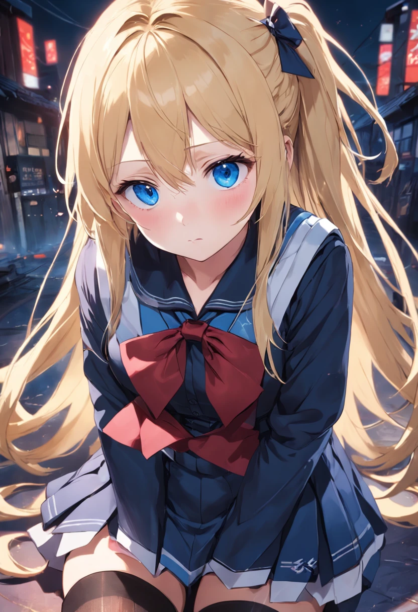 blonde with blue eyes,Lazy expression,JK red and black school uniform,black lence stockings,detail in face