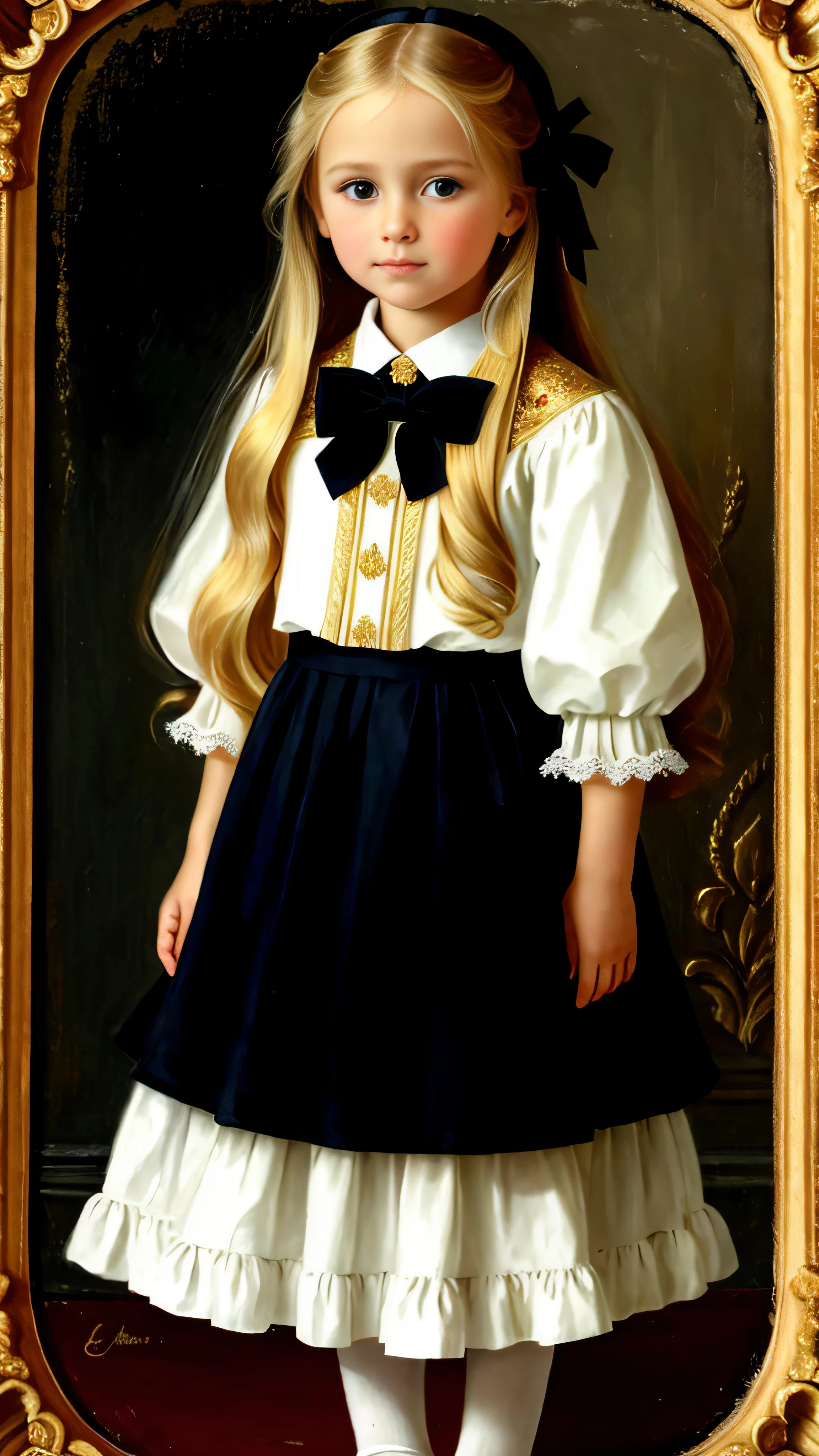 Russian, Girls children , Portrait , Long blonde hair and bow，Layered skirt，noble，opulent，cropped shoulders