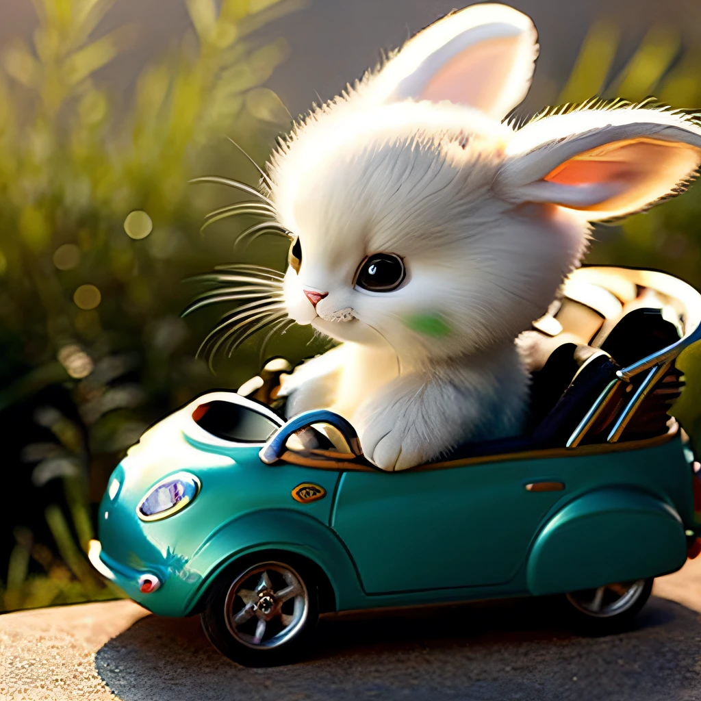 There was a small toy car，There is a white cat inside, lovely digital painting, adorable digital art, cute 3 d render, cute cute, Cute! C4D, Cute detailed digital art, cute artwork, Cuteness, cute anthropomorphic bunny, cute animal, Adorable, cute future vehicles, cute cute, Incredibly cute, beautiful lovely, cute design