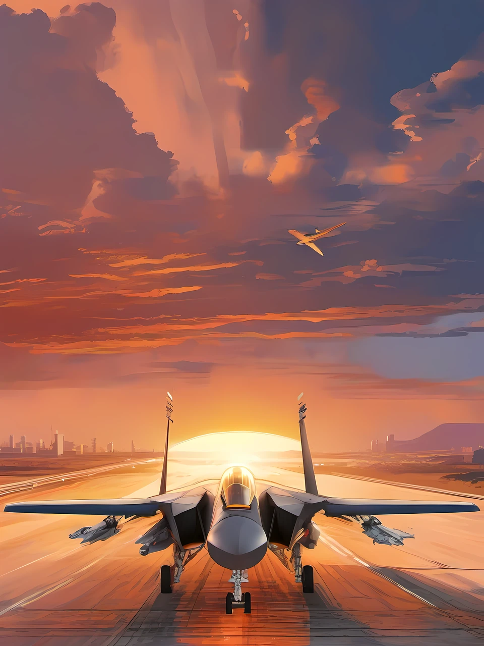 foreshortening technique, dynamic perspective, spatial depth, three-dimensional illusion, visual impact, artistic skill, engaging composition, movie「Top」Illustrations inspired by、Sea setting sun、(((Behind the F-14 fighter jet taking off:1.5)))、((take off scene:1.3)), Flaming engine、We're about to get started、F-14 fighters departing from an aircraft carrier、F-14 fighter with afterburner igniting、Rear view of the F-14 fighter、Empty mother、Big sunset、A very large sunset setting over the horizontal parallels、Background dyed by sunset、