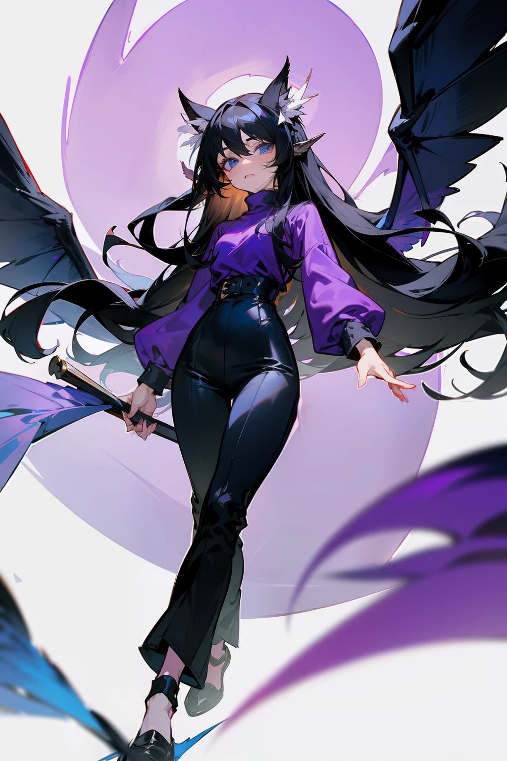 "Masterpiece, best quality, 1girl with long black hair and sky blue eyes, head adorned with horns and cat ears, dressed in a lilac purple turtleneck top, wearing black waist-high pants, with black bandages wrapped around her feet. She has a dragon tall and angelic feathery black and white wings