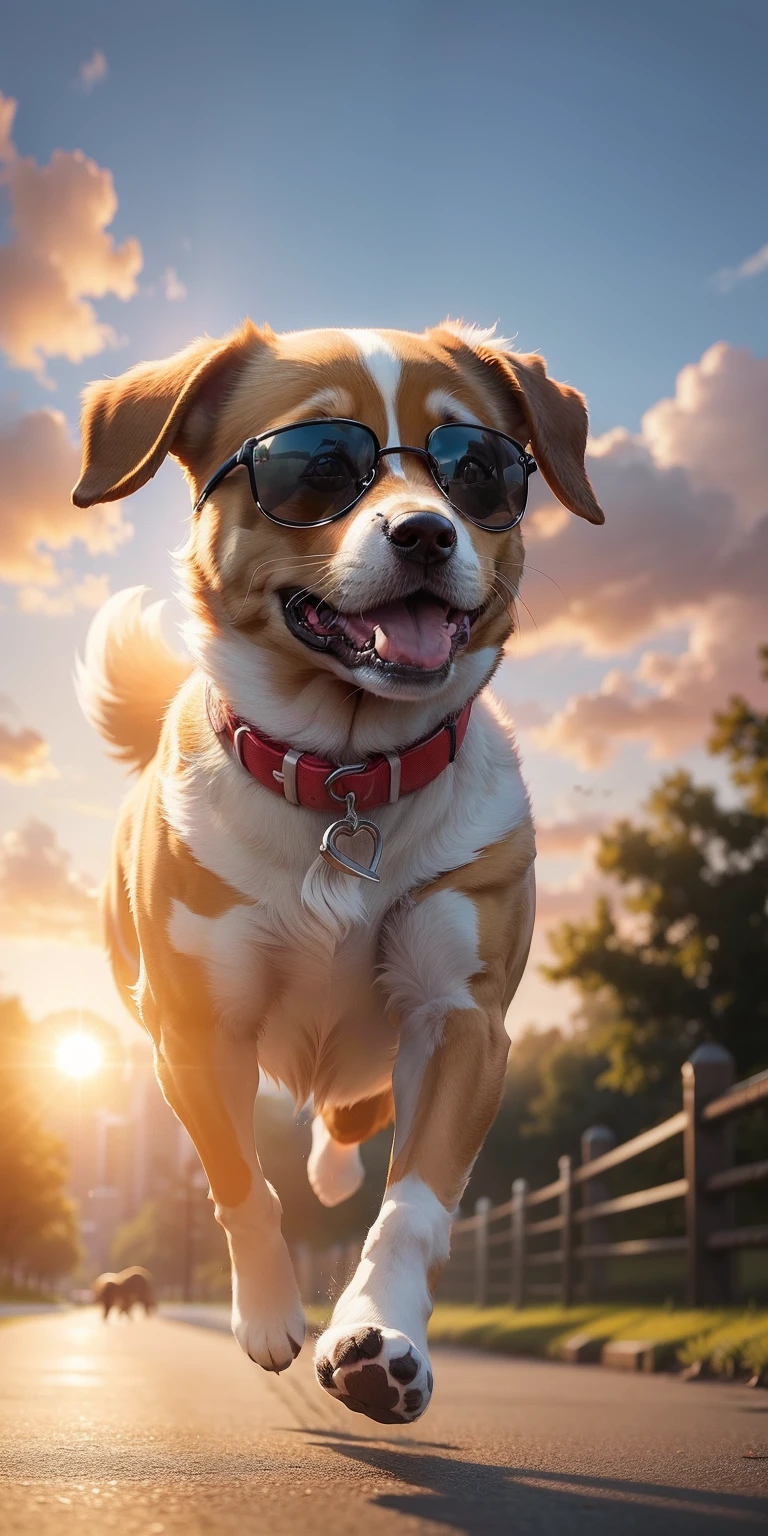 Cute Dog running in the park wearing sunglass, sun rises in sky,