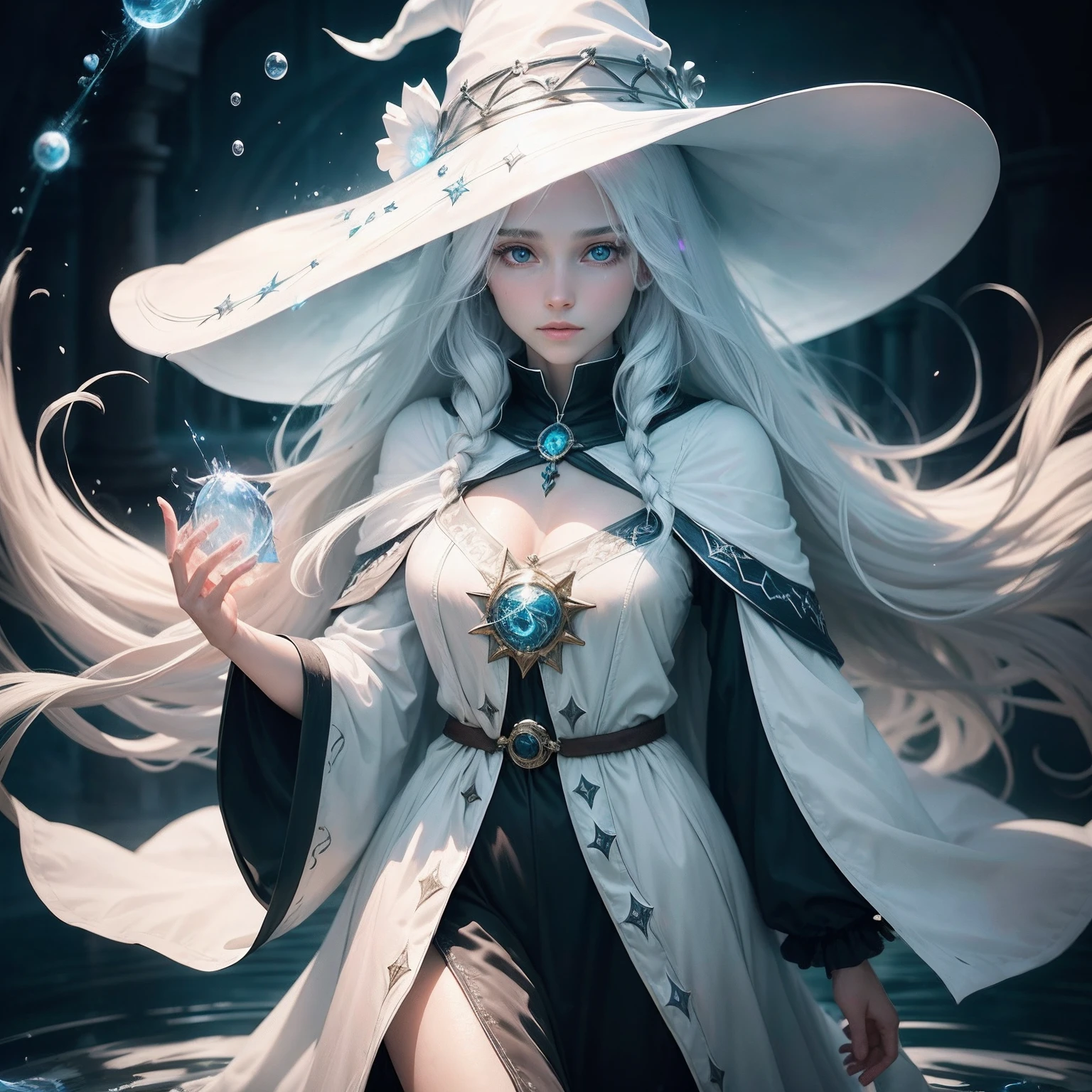 long  white hair，sorceress woman，s girl，Witch robes，Witch hat，Water Mage，Water Mage，White skin，with light glowing，Floating water ring，Floating particles