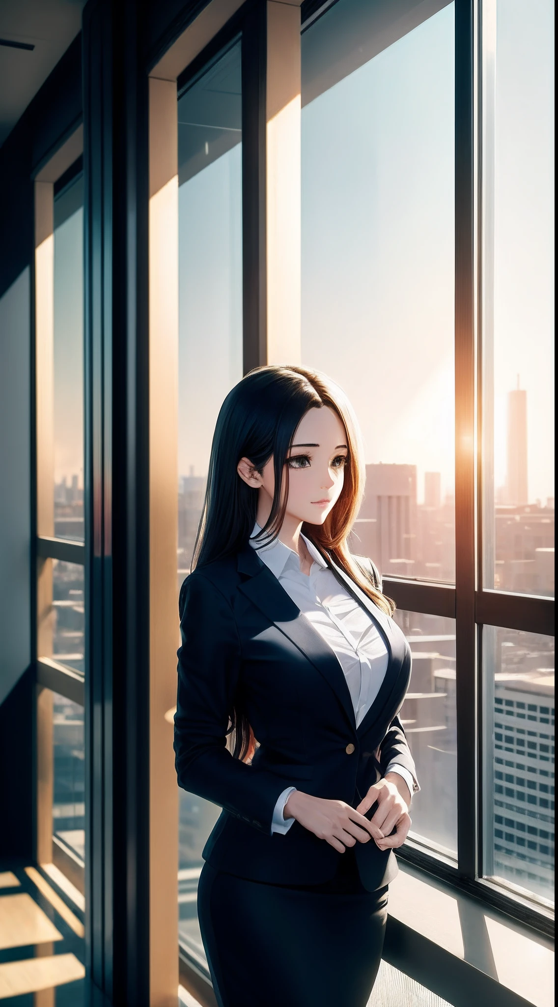 8k,best quality,.RAW,master part,Beautiful woman,estilo anime,in business clothes,in a tall building,Afternoon sunlight streaming through the building's large window --auto