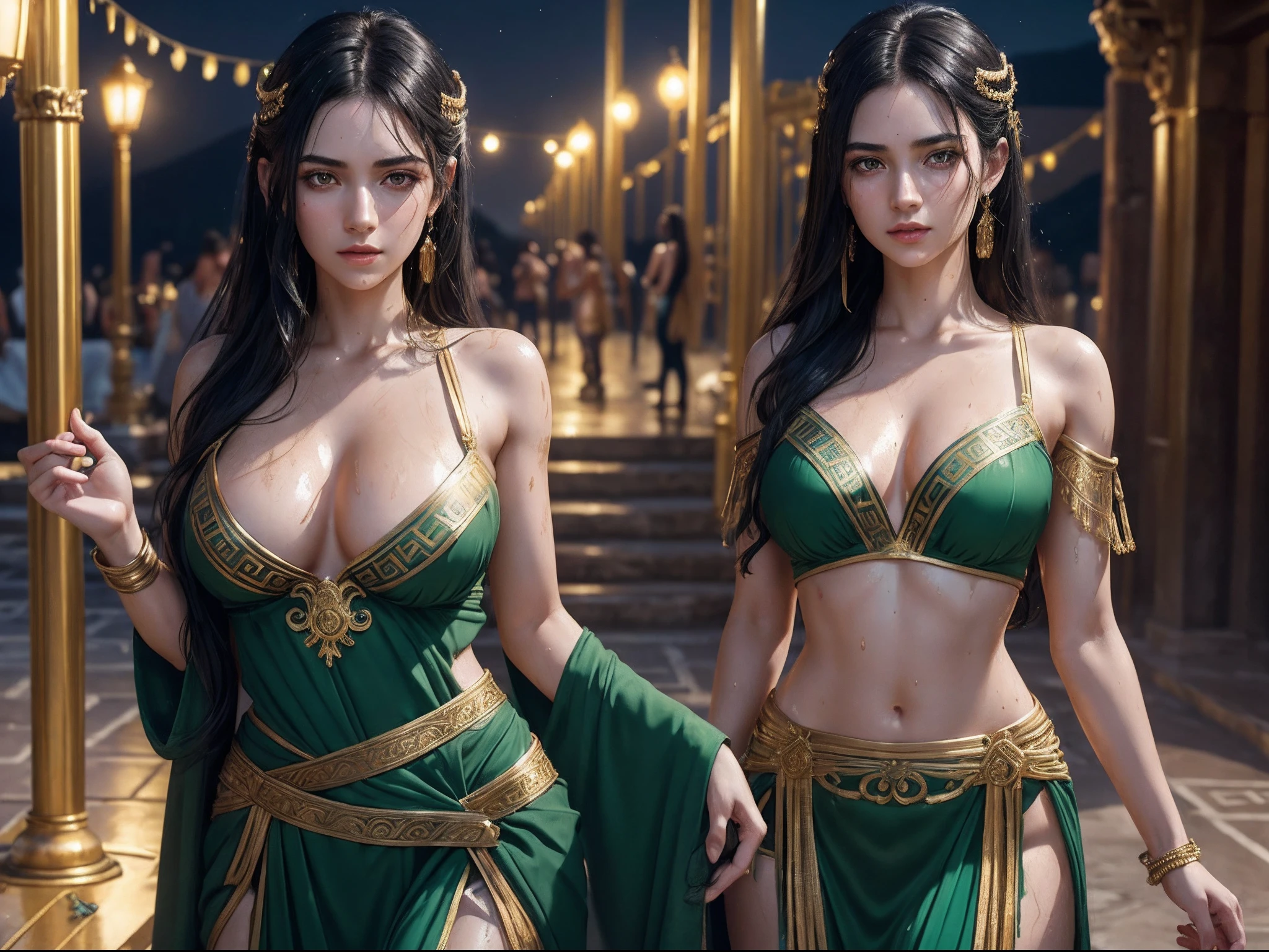 (A beautiful 25 years old female Greek maiden:1.2), (wet long black hair:0.9), (pale skin), (detailed oily and sweaty skin:1.2), (serious face), (wearing green colored revealing Greek maiden outfit with golden ornate), (waist up shot:1.2), (temple at night background:1.1), view from front, (dynamic pose:0.8), (chiaroscuro lighting:0.8), photo realism, intricate face detail, intricate hand details, highly detailed, vibrant colors, cinematic, 8k, trending on Artstation--style raw