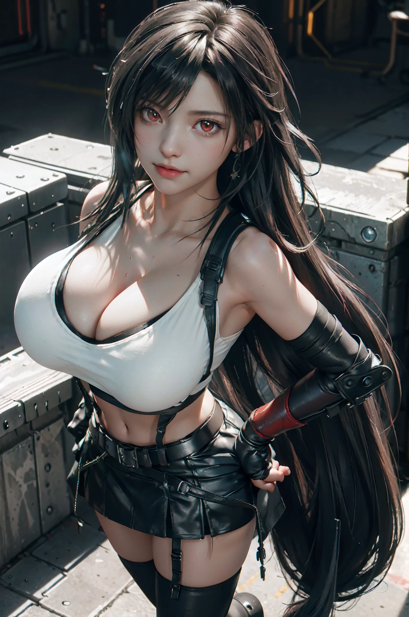 (8k, best quality, masterpiece:1.2), (realistic, photo-realistic:1.37), ultra-detailed, 1 girl,cute, solo, (tifa lockhart), ((Insanely huge gigantic breasts, ginormous breasts:1.6),(beautiful detailed eyes), (smile:1.2), (closed mouth), erotic pose, dancing, outside an industrial factory, depth of field, dark intense shadows, sharp focus, depth of field, good composition, green glowing light, Final Fantasy VII, (white bikini top, cleavage:1.3), (black leather mini skirt with belt:1.3) (red gloves and boots) (full body:1.5), head rest, lips, pretty face, low-tied long hair, ((red eyes:1.3)), (night:1.2), intricate, bokeh, cinematic lighting, photon mapping, radiosity, physically-based rendering, (Tetsuya Nomura style), nsfw, perfect breasts, view from above