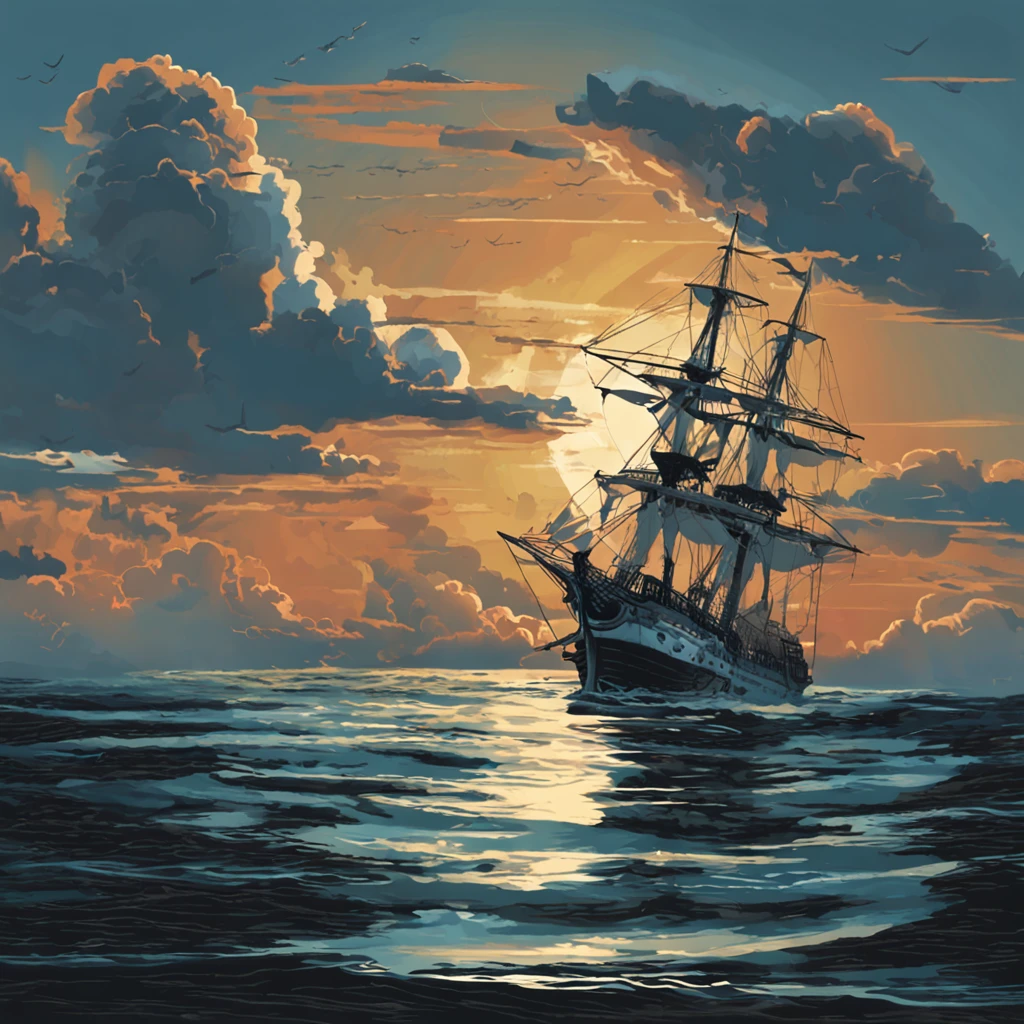 Several sailing warships , des pirates sur les bateaux , des canons sur les bateaux , une mer calme , un ciel bleu avec peu de nuage , temps , in the morning