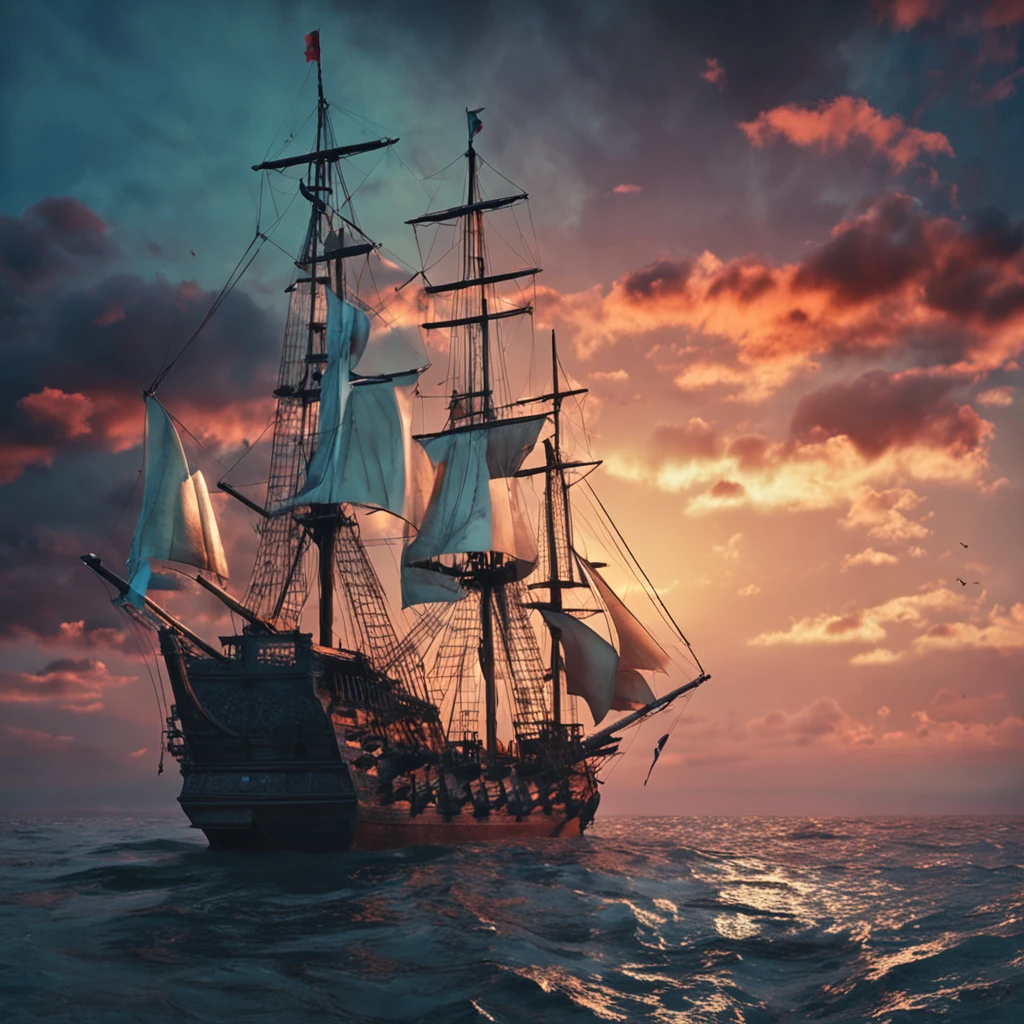 Several sailing warships , des pirates sur les bateaux , des canons sur les bateaux , une mer calme , un ciel bleu avec peu de nuage , temps , in the morning