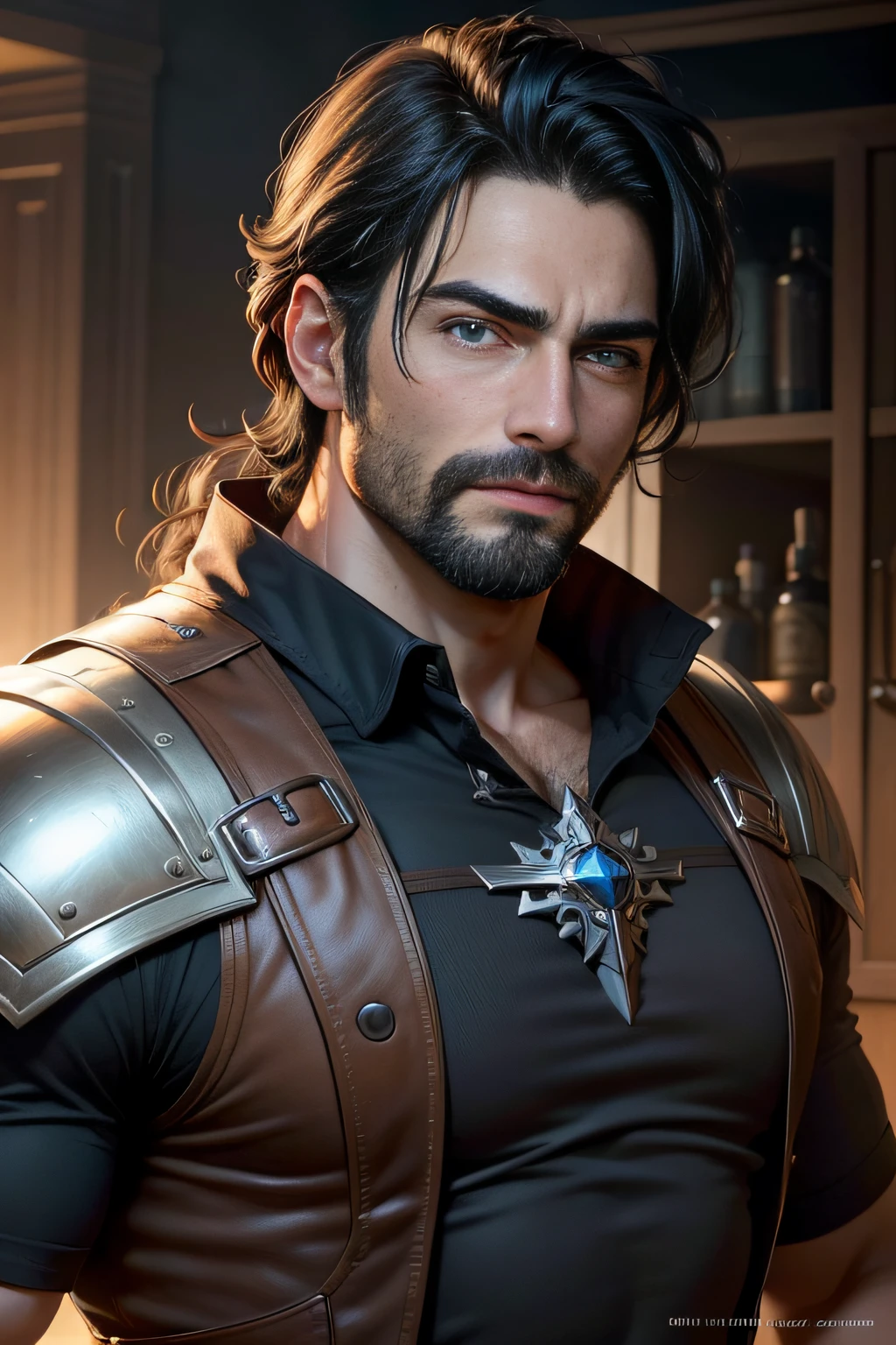 Realistic photo, Create focused only on the face of a 37-year-old looking man with pretty blue eyes, beautiful mouth, handsome model face, light beard well done, appearance of being a little bad, hair in black color a little big with style half sideways, 4K ,handsome disney prince, striking eyebrows, demigod greek warrior