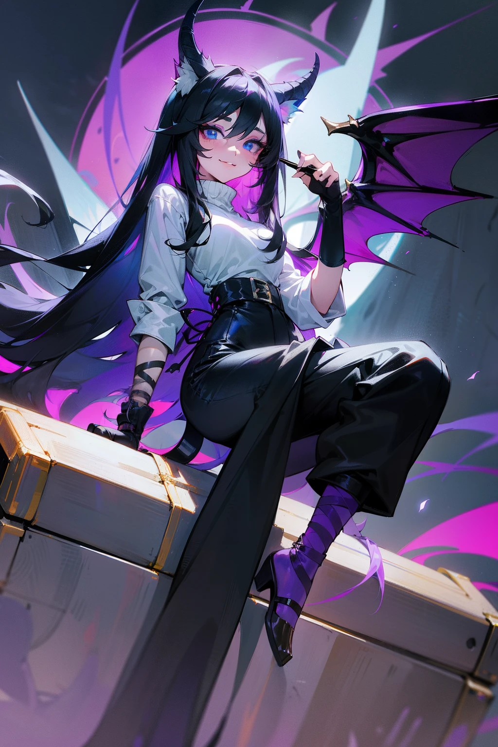 Anime girl with black hair and purple eyes sitting on a box - SeaArt AI