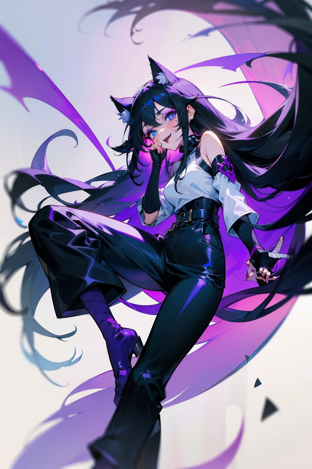 Masterpiece, best quality, 1girl with long black hair and sky blue eyes, horns on head, horns, cat ears, wearing a lilac purple turtleneck top, black waist-high pants, black bandages wrapped on feet, and purple whisker-like makeup marks, fangs, black fingerless gloves, black and white angel wings, dragon-like tail