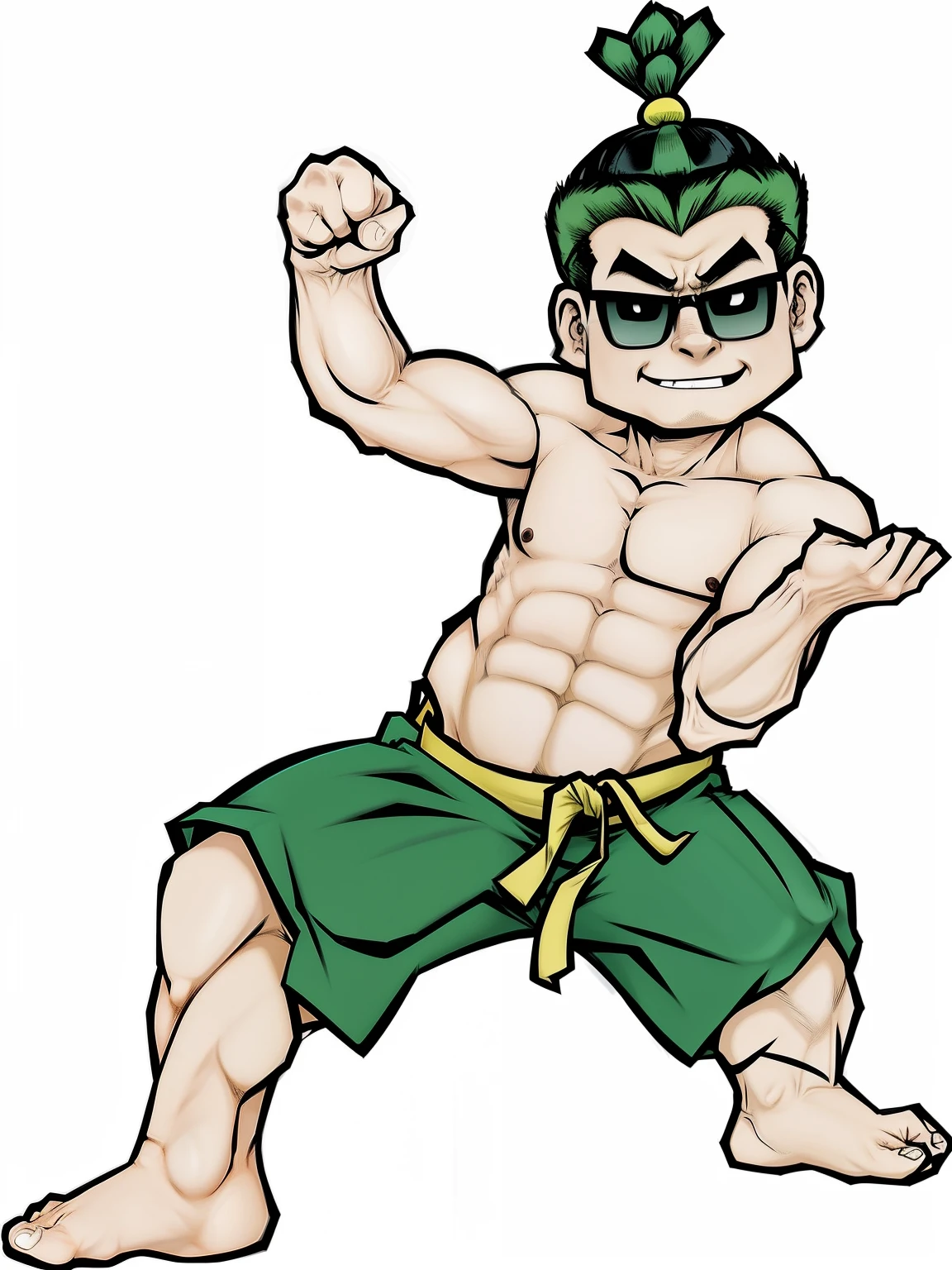 One dressed in green，Cartoon image of man in green hat and sunglasses, baki style, japanese mascot, Sumo wrestler, inspired by Shūbun Tenshō, fighting game character, 鸟山明风格, umamusume, inspired by Masamitsu Ōta, martial art pose, posing as a jojo character