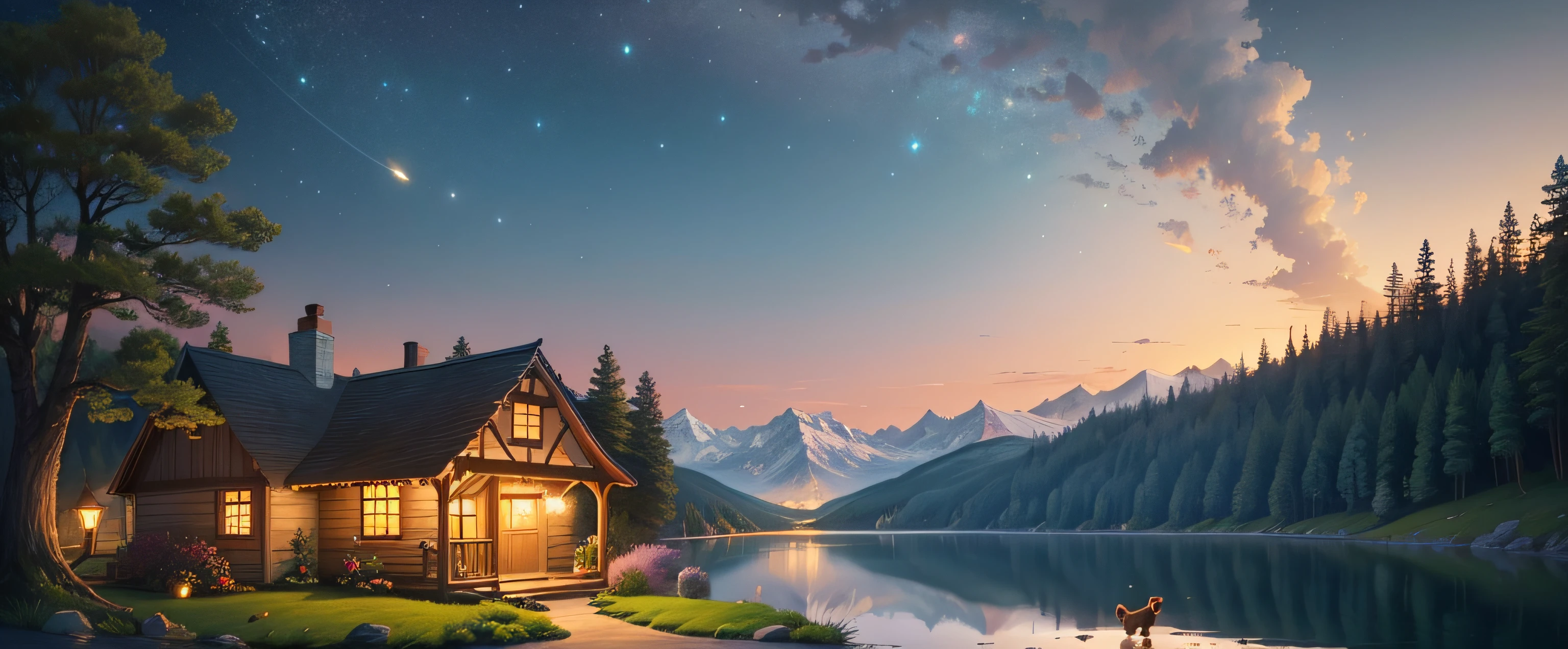 Paint a heartwarming scene of a classic hand-drawn cartoon character in the style of Walt Disney. Picture a cozy, pastel-colored cottage by a tranquil lake. The character, with eyes brimming with wonder, shares tea with talking animals as fireflies create a soft, glowing atmosphere.