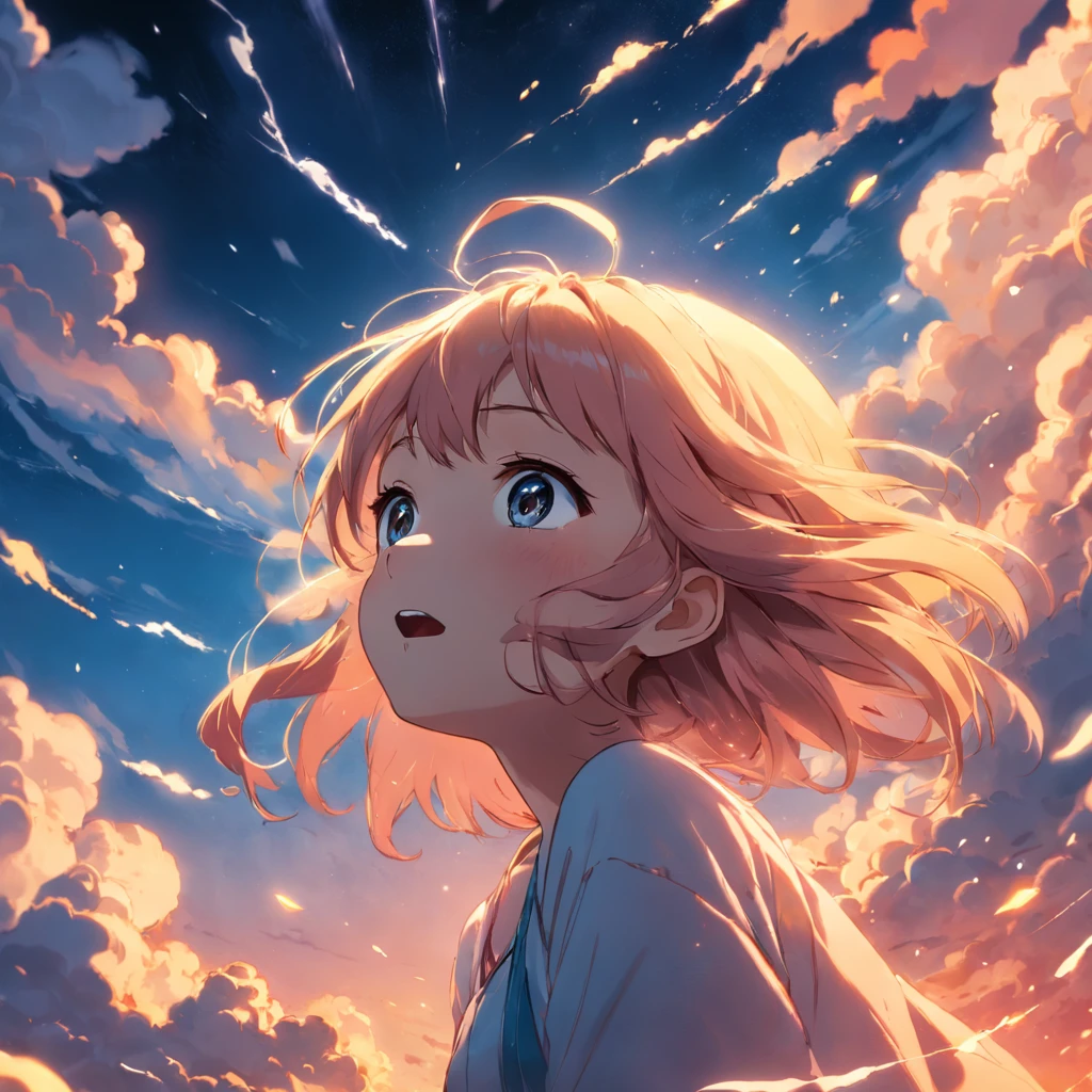 masterpiece, best quality, movie still, 1girl, cloud girl, floating in the sky, close-up, bright, happy, warm soft lighting, sunset, (sparks:0.7)