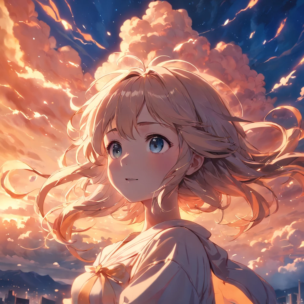 masterpiece, best quality, movie still, 1girl, cloud girl, floating in the sky, close-up, bright, happy, warm soft lighting, sunset, (sparks:0.7)