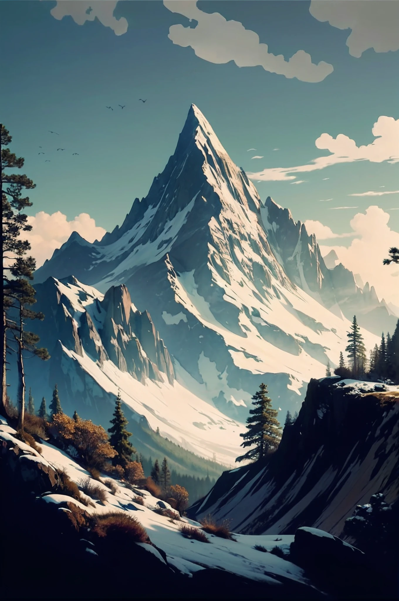lanscape, 8k potrait of beautiful landscape with a snow mountain, rule of third photography, intricate, elegant, realistic depth of field photography, perfect natural lighting (masterpiece, sidelighting, finely detailed beautiful image render), realistic leav, realistic cloudy, realistic bokeh, realistic blue sky, beautiful sky, ray of light, rule of third photography, point of interest photography, perfect lanscape color tone, realistic moss, realistic grass, realistic store texture, realistic hill, realistic tree, best lanscape color tone, realistic mountain, realistic river, realistic shadow, best of saturation, RAW IMAGE, lots of bird, realistic birds, foggy, snow