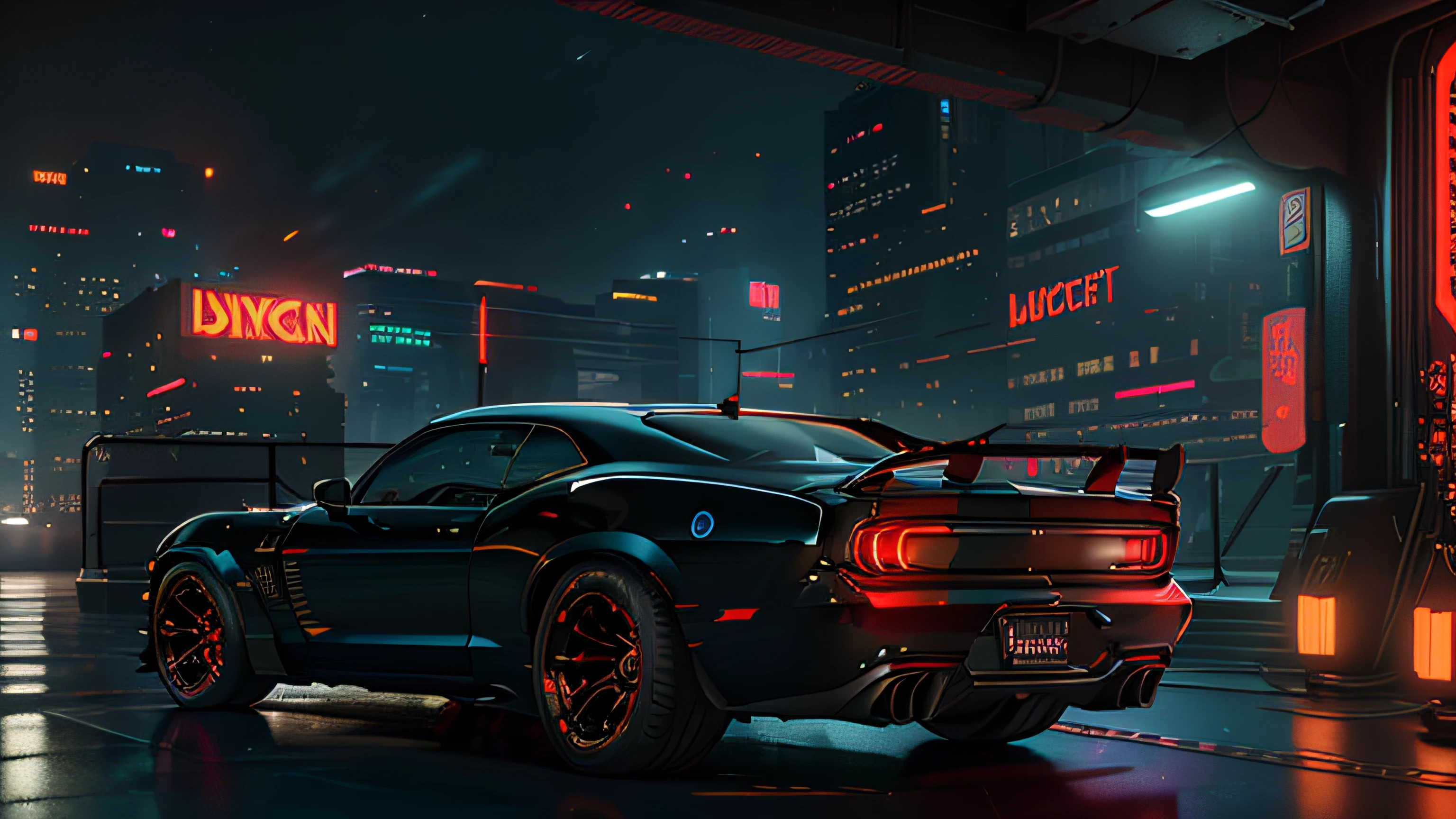 photorealistic, ,best quality,masterpiece,highly detailed,ultra-detailed,a futuristic black dodge hellcat car with red highlights in a cyberpunk city. 4k 3d render unreal engine 5 rendered with blender and octane global illumination from photorealistic hyper realism concept art by greg rutkowski loish rhads ferdinand knab makoto shinkai tian zi trending on cgsociety