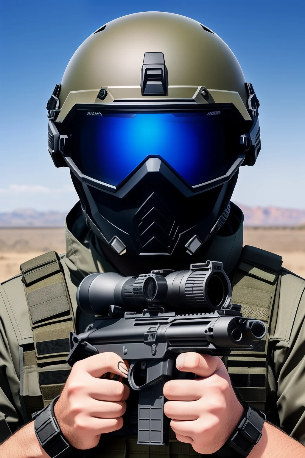 With a gun and helmet, dressed in tactical armor,  Wear tactical gear, Stand sideways、male people、Left-eye tactical glasses are digital smart glasses、Thermography of the right eye、You can add emoji details、Expand in detail --auto