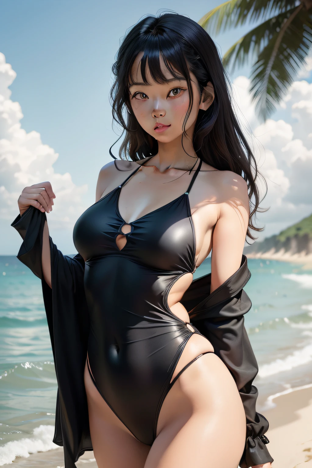 Black silk seaside swimsuit to play in the water