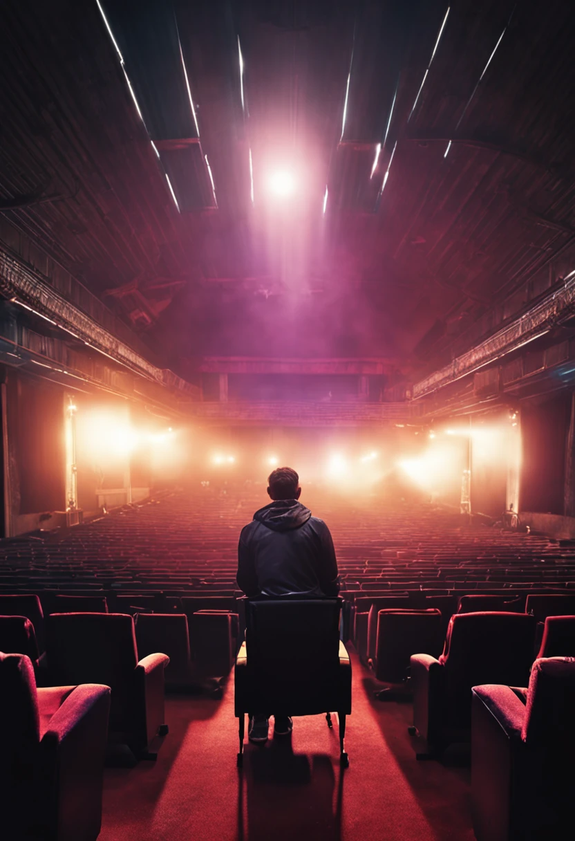 film director, director is sitting in front of large screen, film light, photorealistic, cinematic, film grainy texture