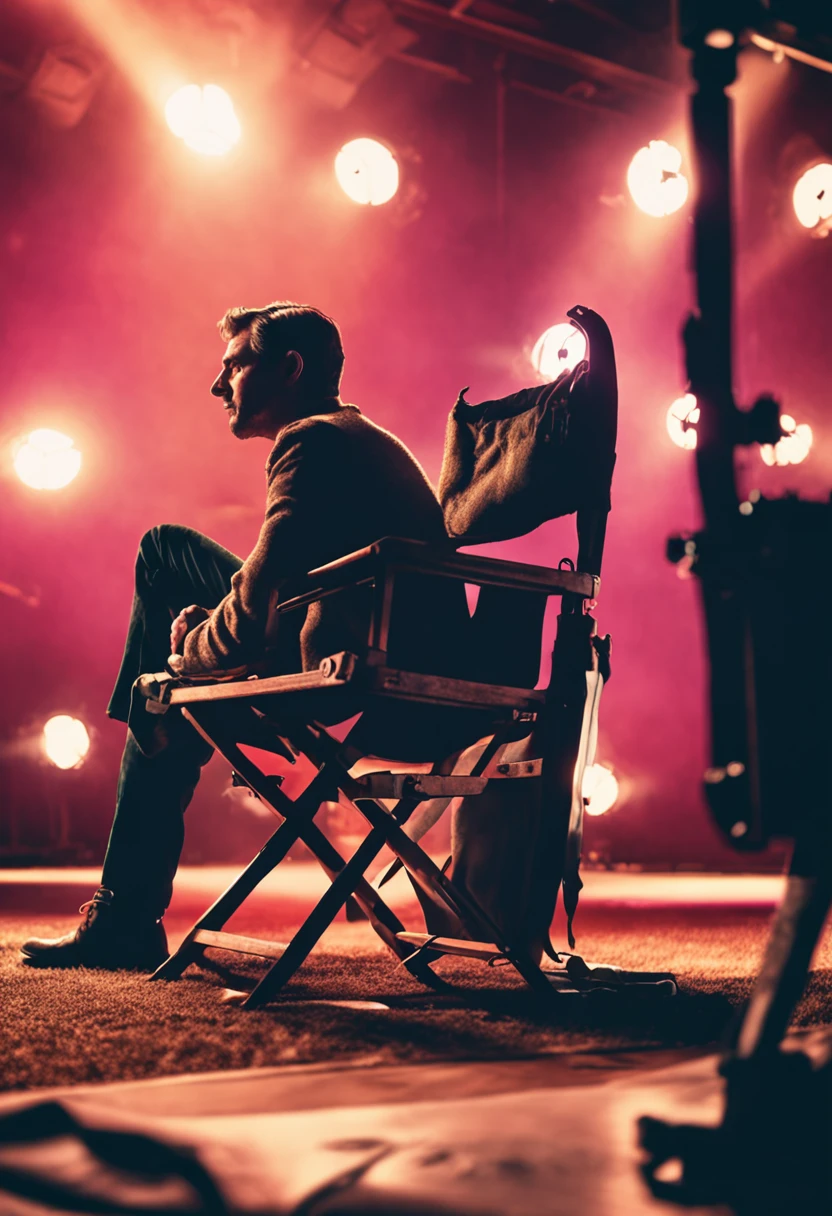 film director, director is sitting in front of large screen, film light, photorealistic, cinematic, film grainy texture