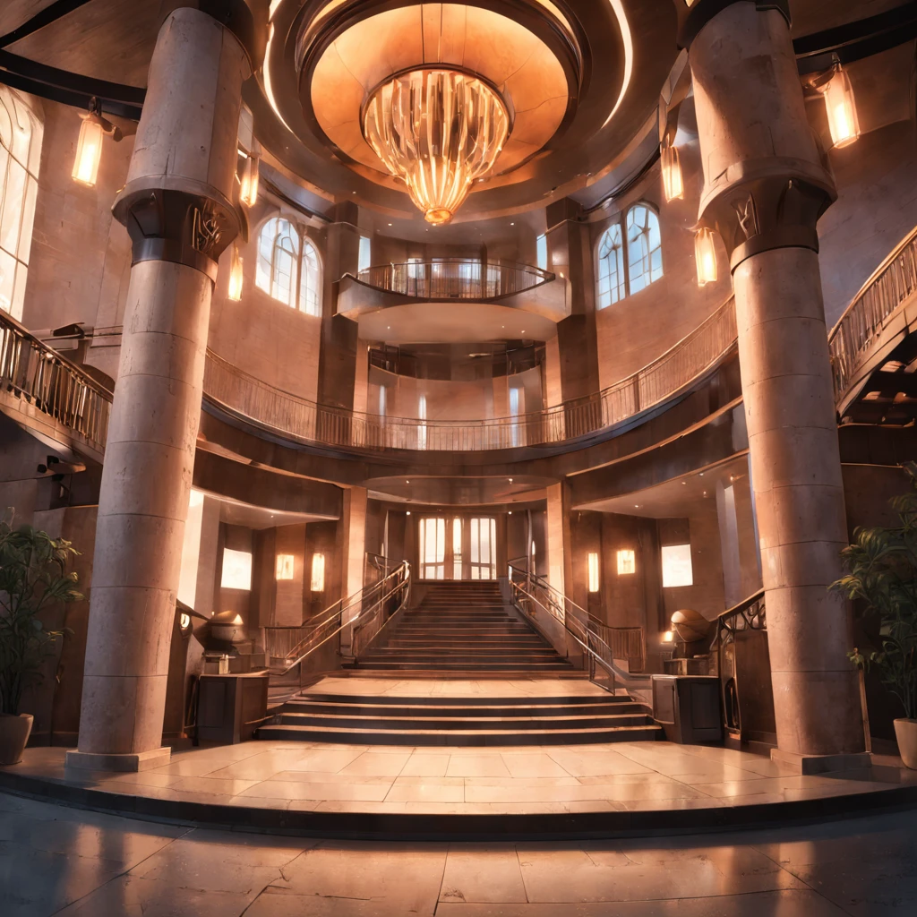architecture in brick and wood circular concrete columns library hallways stairs balconies with hanging lamps