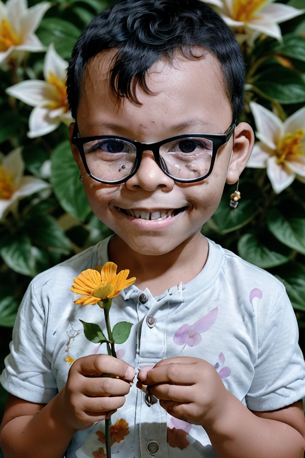 loeanerdinho1, Portrait of a three-year-old boy, waist-up, wearing glasses and casual clothing, with a highly detailed face (Face detailed:1.3). He's happily handing a flower to the viewer, facing the camera. Focus on the flower with a blurred background. Extremely realistic and detailed image with chiaroscuro studio lighting (Realism:1.3) (Chiaroscuro:1.1) (Detailed lighting) (Highly detailed clothing) (Joyful expression) (Vivid colors) (Flower in focus) (Background blur)