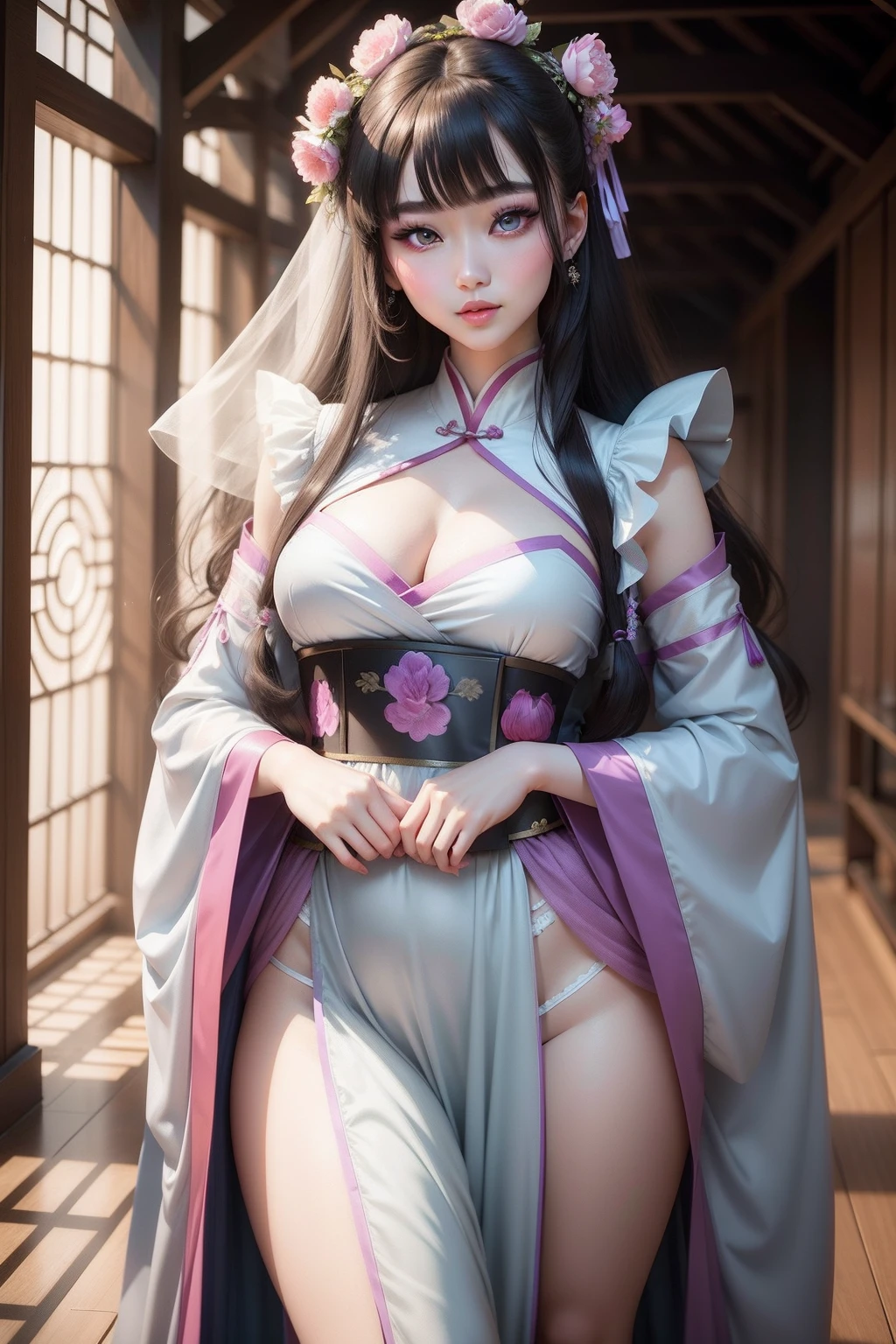 Hanfu fashion model 25 years old，Wear a tulle belly pocket，[[[[closeup cleavage]]]], [[[[coll]]]], [[[[bshoulders]]]], Hair is naturally scattered，large perfect eyes, Perfect iris，Perfect lips，perfect teeth，Perfect skin，Soft front light，with light glowing，hdr，（pastel colour：1.2）