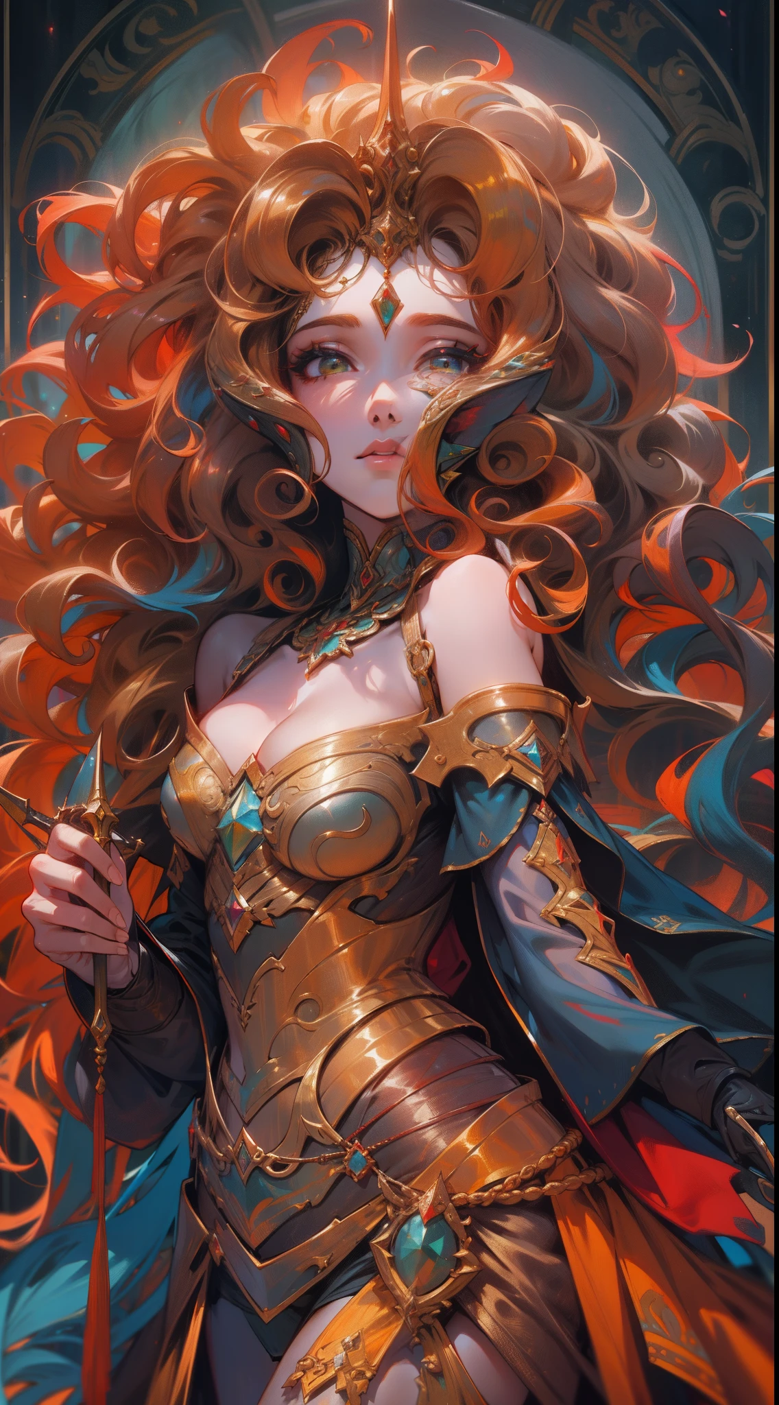 uma mulher sensual de corpo inteiro, wildly rainbow colored long curly hair, fantasia sombria, armadura de cor vermelha, Standing up, um fundo de masmorra medieval de fantasia escura