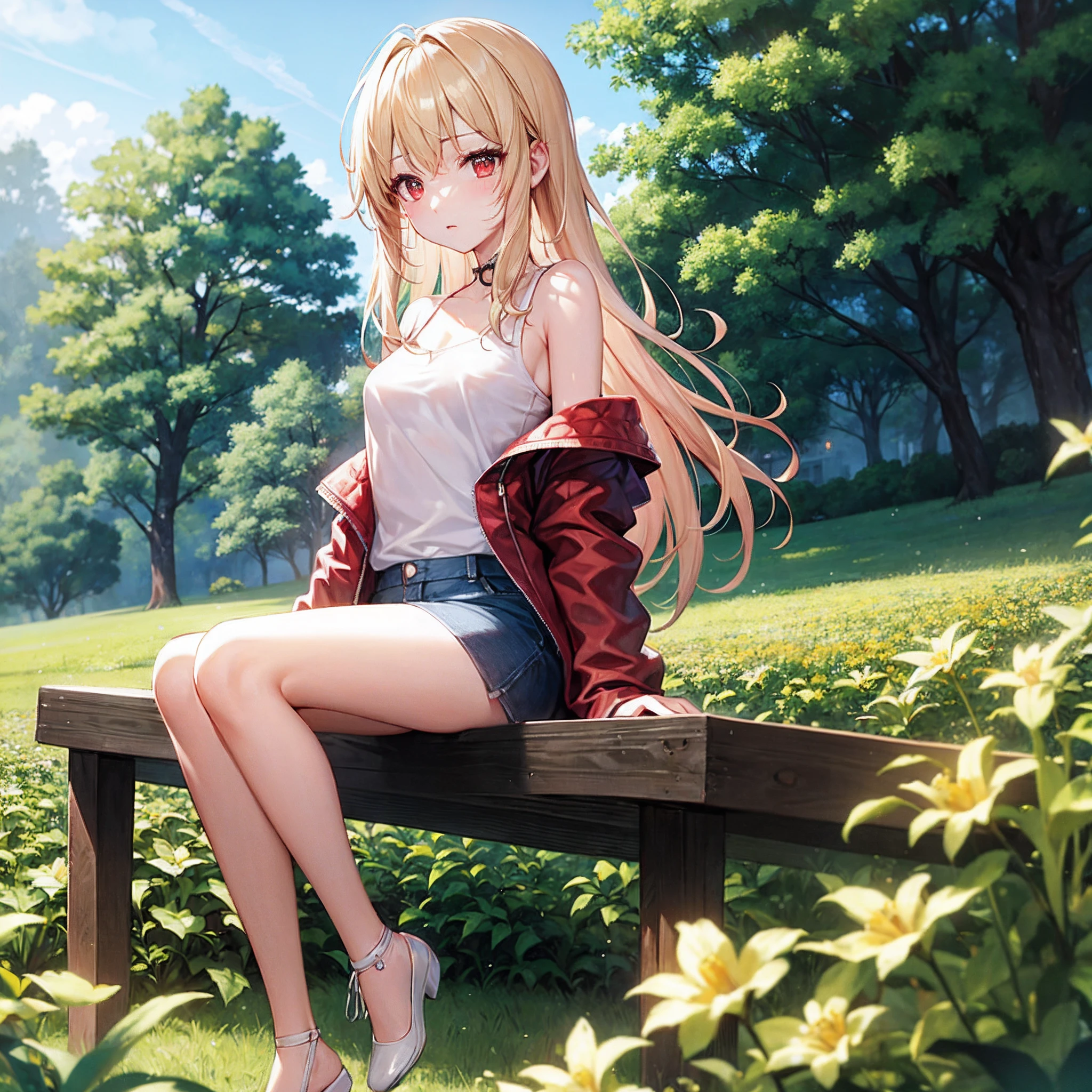 a blond、red eyes、Beautiful girl alone、a miniskirt、bare-legged、flower  field