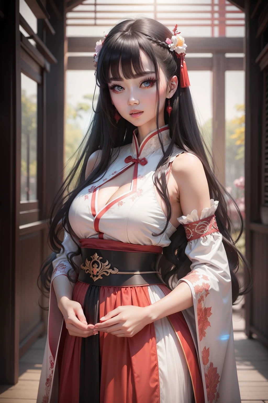 Hanfu fashion model 25 years old，Red tulle belly pocket，[[[[closeup cleavage]]]], [[[[coll]]]], [[[[bshoulders]]]], Hair is naturally scattered，large perfect eyes, Perfect iris，Perfect lips，perfect teeth，Perfect skin，Soft front light，with light glowing，hdr，（pastel colour：1.2）
