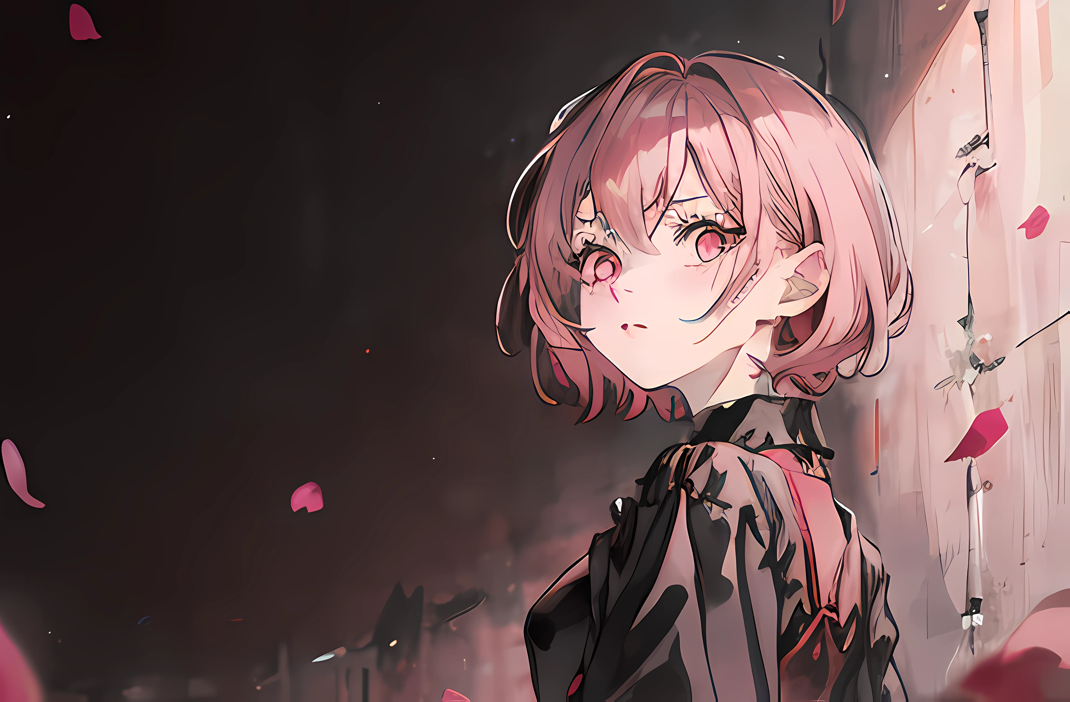 1girl, short pink hair, pink eyes, wearing black dress, absurdres, high res, ultrasharp, 4K, masterpiece, looking at viewer , sharp face