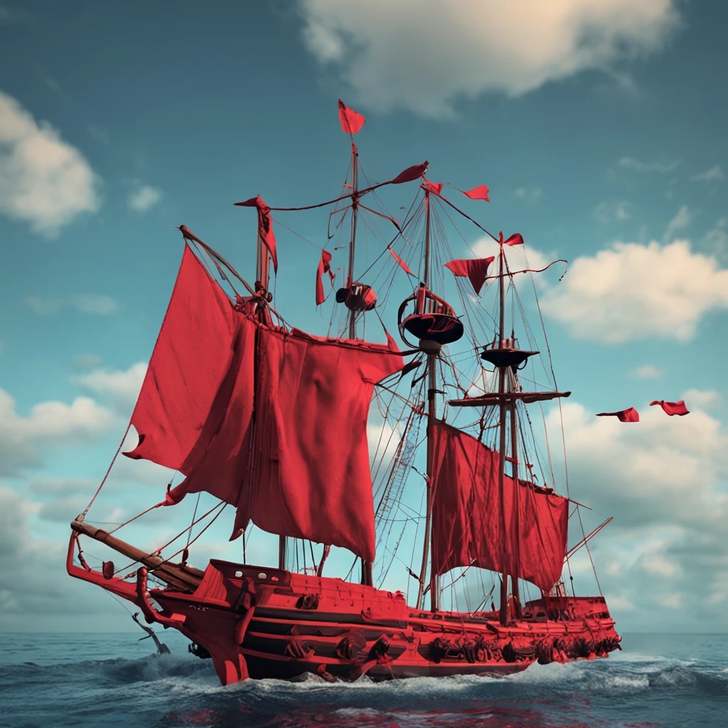 Plusieurs bateaux de guerres, des drapeaux rouge avec croissant sur les voiles , des pirates sur les bateaux , des canons sur les bateaux , une mer calme , un ciel bleu avec peu de nuage , temps en plein soleil