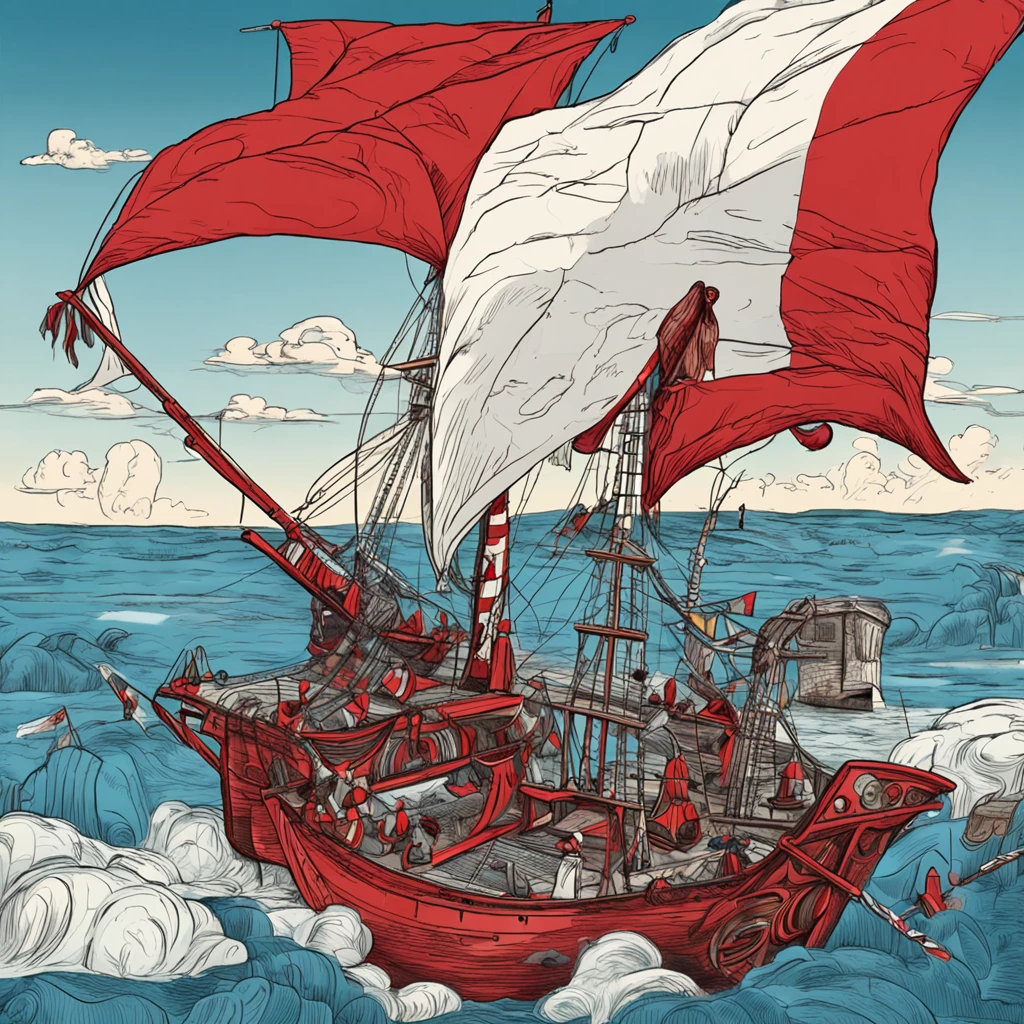 Plusieurs bateaux de guerres, des drapeaux rouge avec croissant sur les voiles , des pirates sur les bateaux , des canons sur les bateaux , une mer calme , un ciel bleu avec peu de nuage , temps en plein soleil