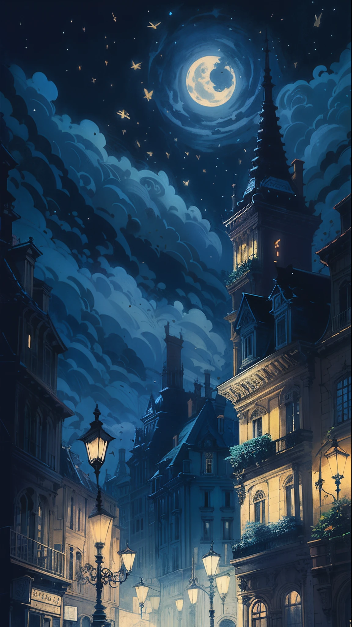 Night view of city streets with bell towers and crescents, inspired by Vincent Lefevre, peaceful night. Digital illustration, Paper awesome wallpaper, baroque painting. A sky illuminated by stars, highly detailed digital painting, Nighttime cityscape, There is no Dan Mumford's artistic style, Impressive art style, Atmospheric night, inspired by Dan Mumford, inspired by Carl Spitzweg, nighttime scene,A blue-gray cat,Fat Chubby,largeeyes,Lazy fear on the side of the road