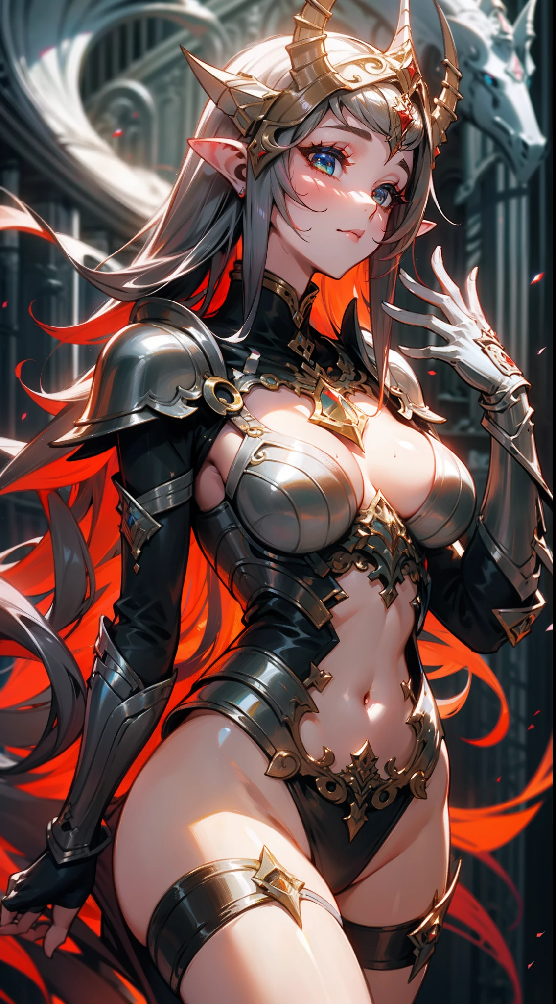 uma mulher sensual de corpo inteiro, wildly rainbow colored long curly hair, fantasia sombria, armadura de cor vermelha, Standing up, um fundo de masmorra medieval de fantasia escura