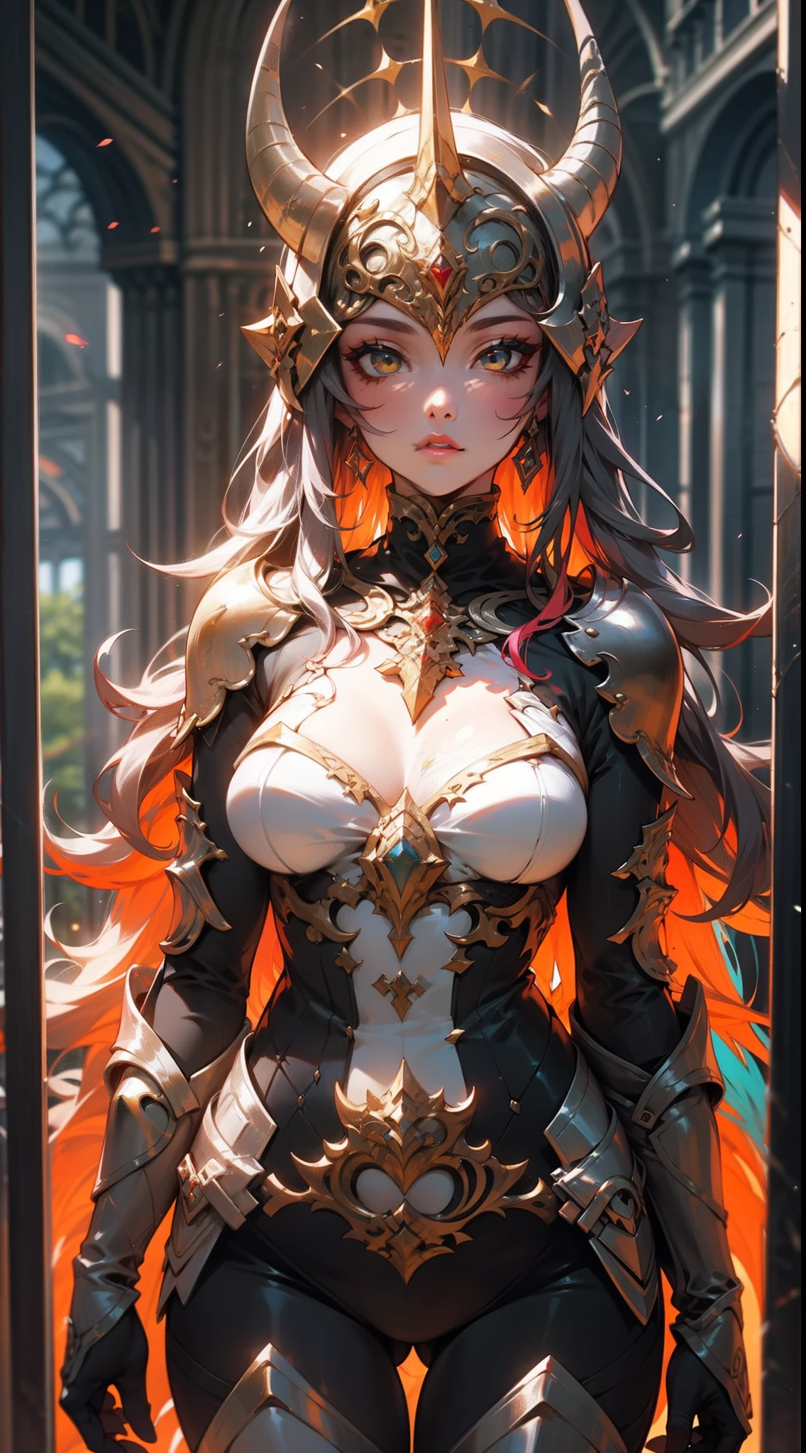uma mulher sensual de corpo inteiro, wildly rainbow colored long curly hair, fantasia sombria, armadura de cor vermelha, Standing up, um fundo de masmorra medieval de fantasia escura